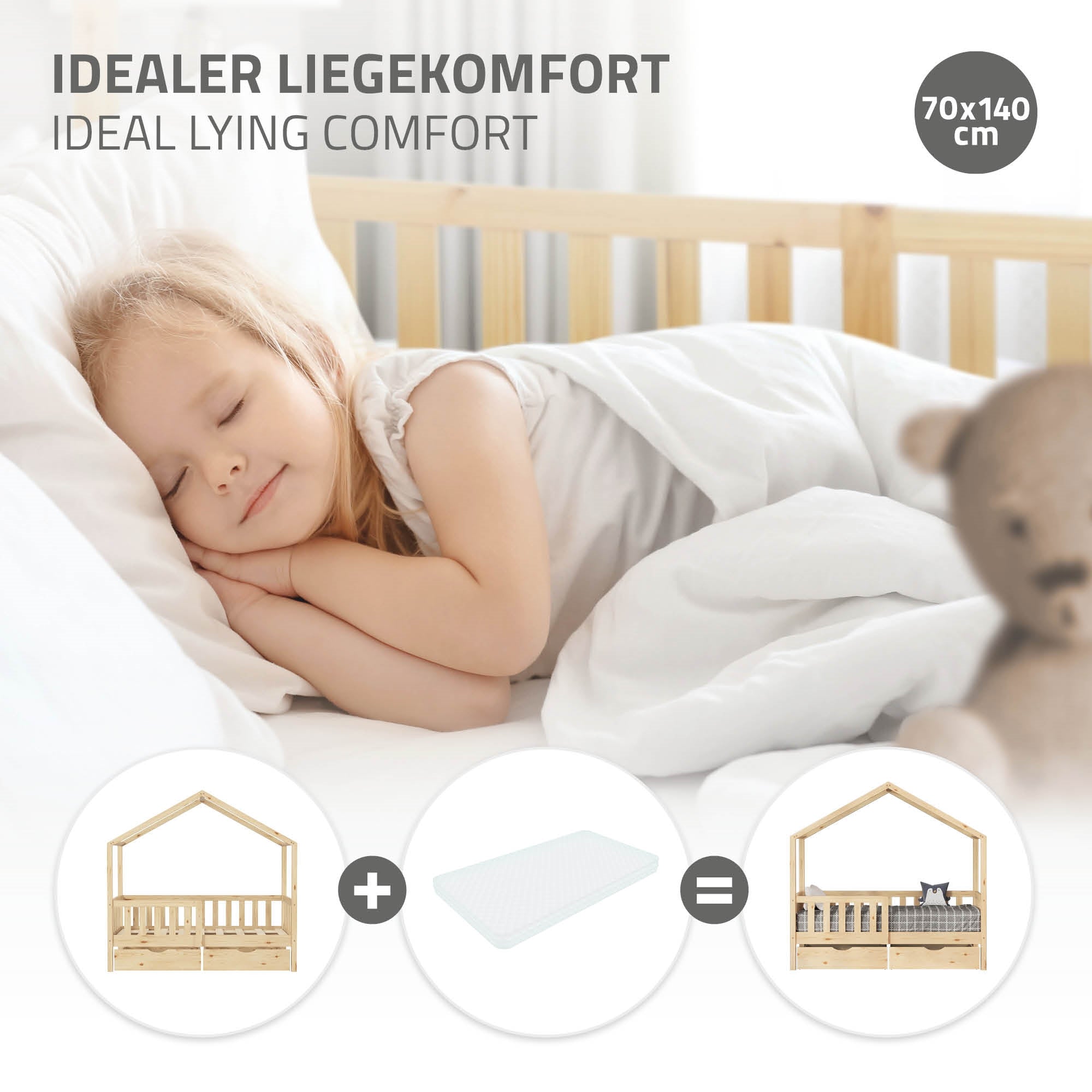 Ein schlafendes Kind auf einem Bett mit einer weißen Decke.