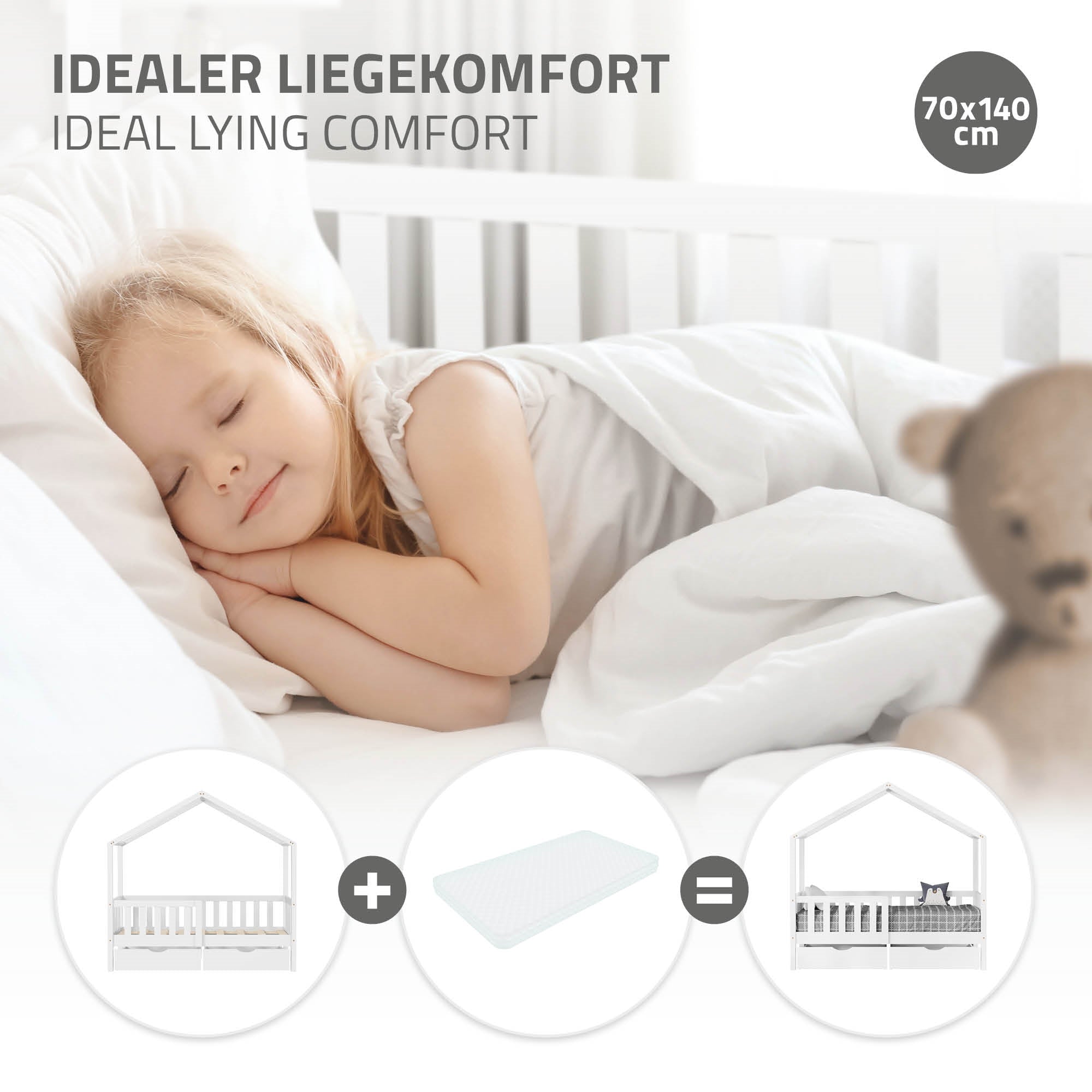 Schlafendes Kind in einem Bett mit weißer Bettwäsche.