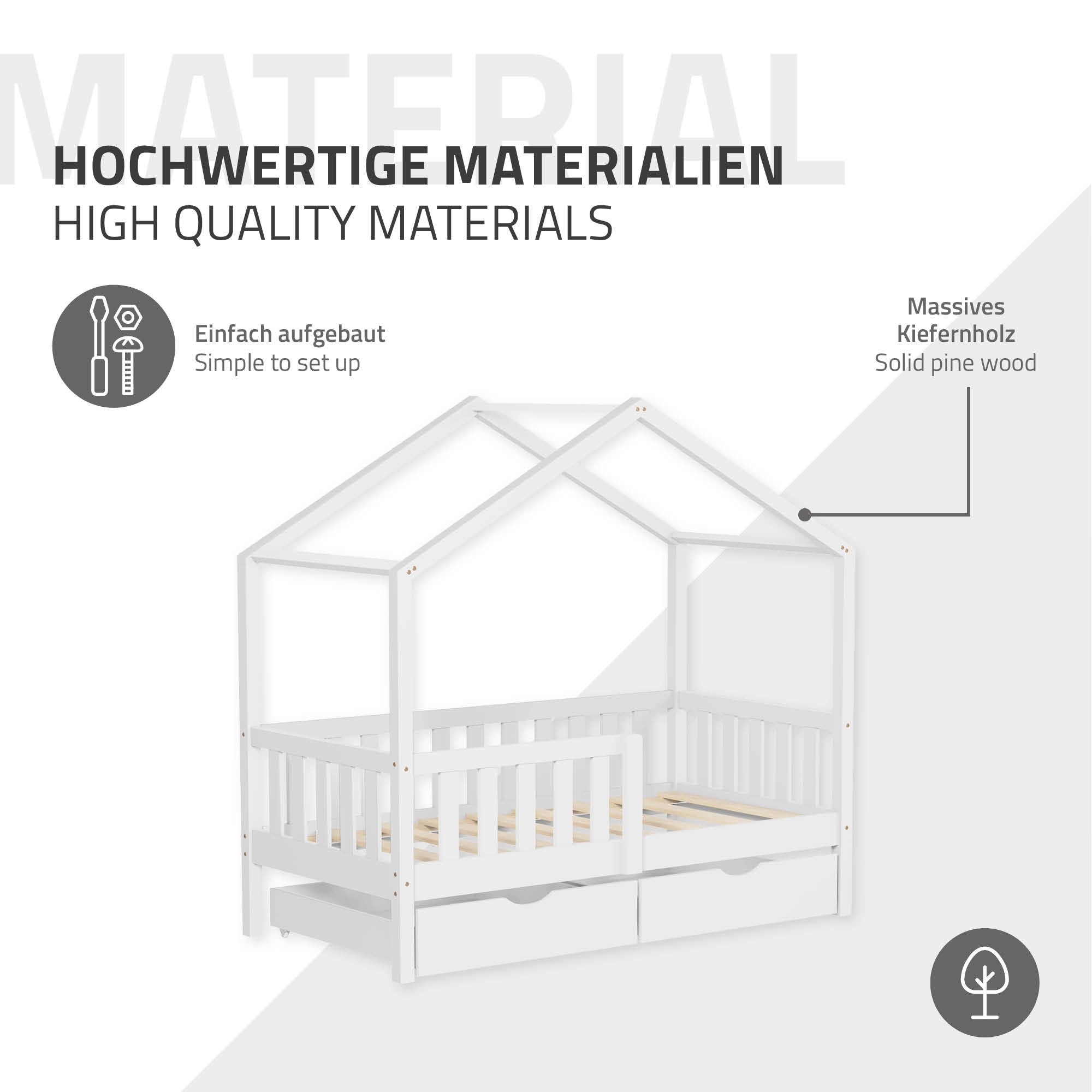 Bett aus massivem Kiefernholz mit einem einfachen Aufbau.