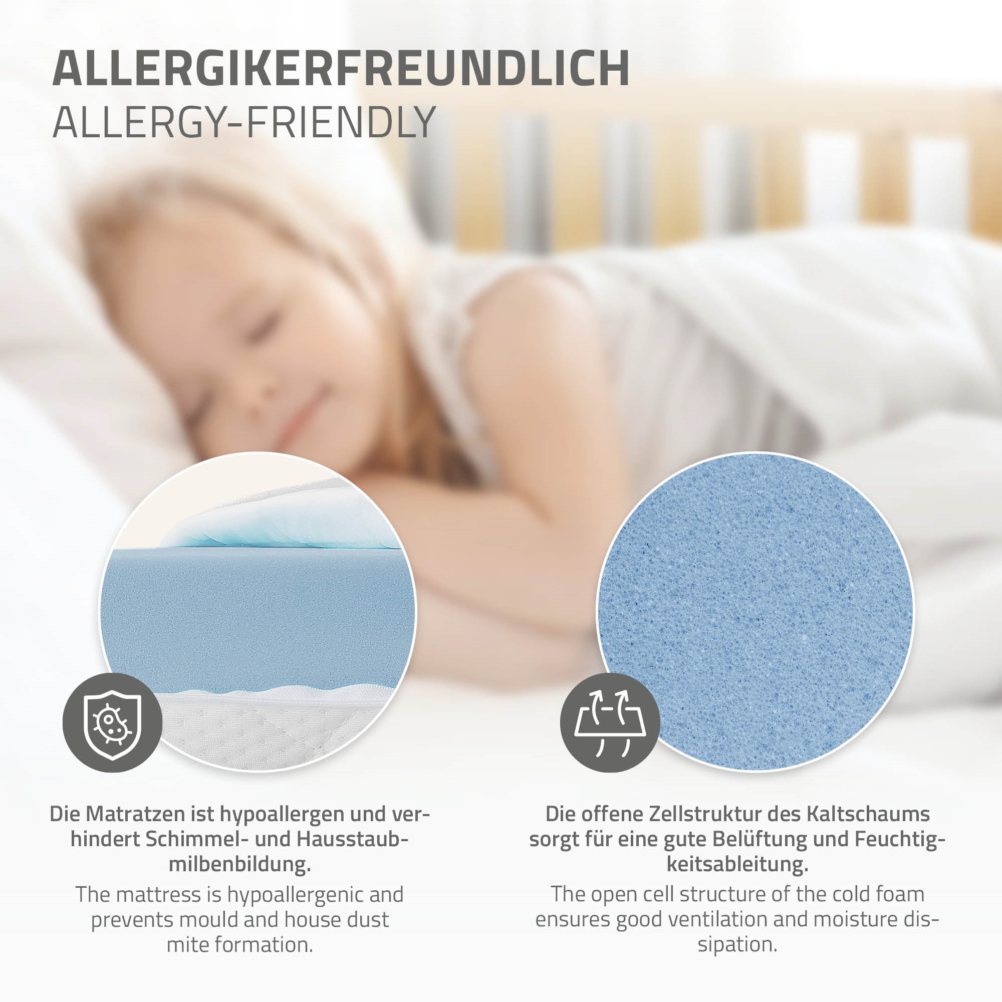 Nahaufnahme von Matratzen mit hypoallergenen Eigenschaften.