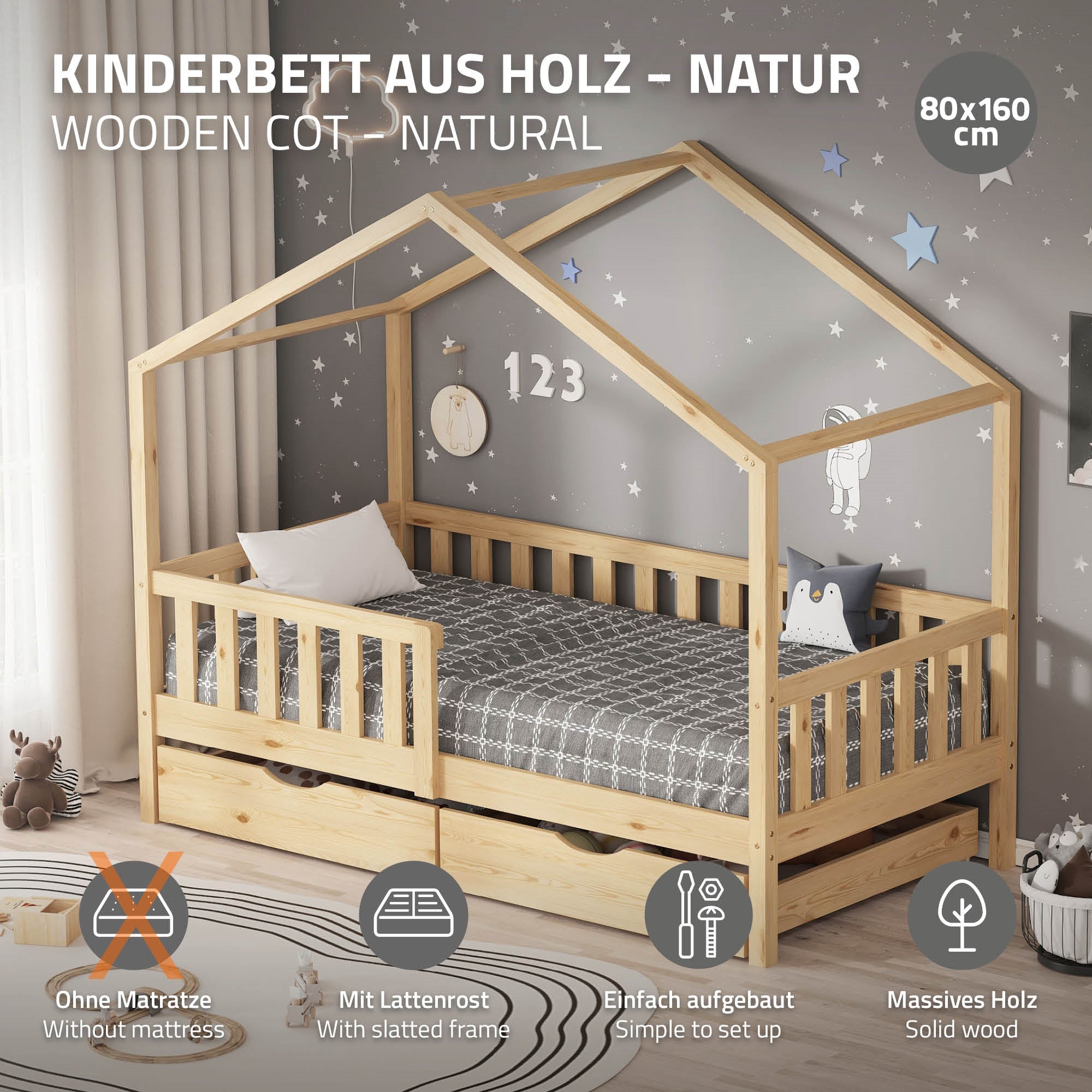 Ein Kinderbett aus Holz mit einem Lattengestell und ohne Matratze.