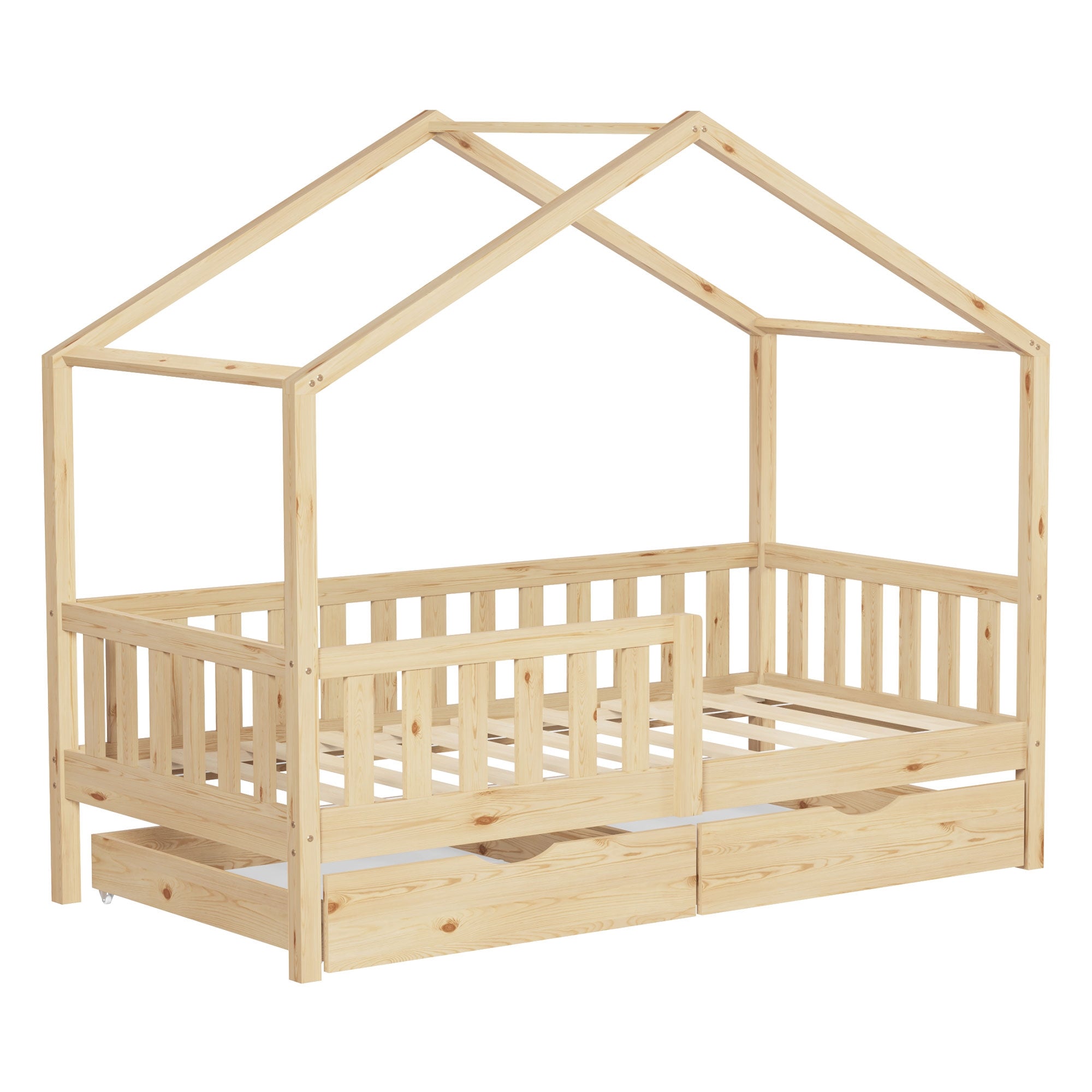 Ein Holz-Kinderbett mit einem Dach und ohne Matratze.