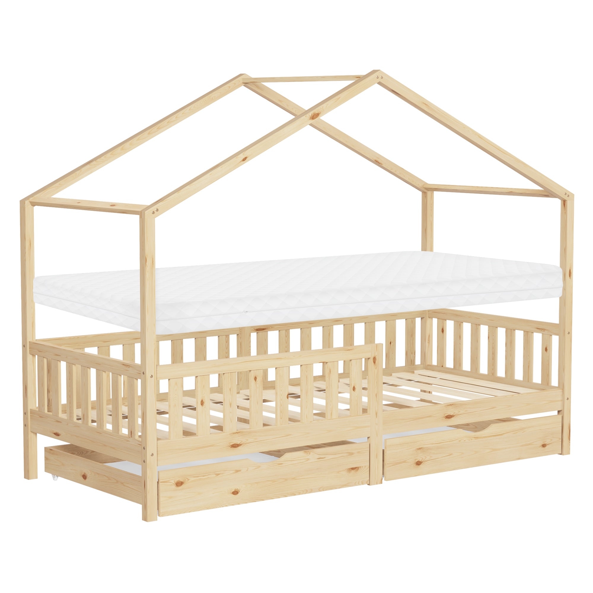Wooden bed with roof construction and mattress, underneath another bed.