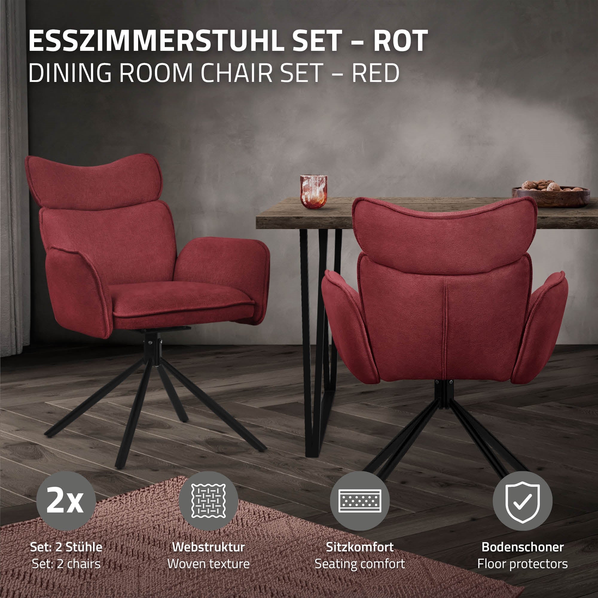 Rød spisestuestol foran et bord i et moderne rum.