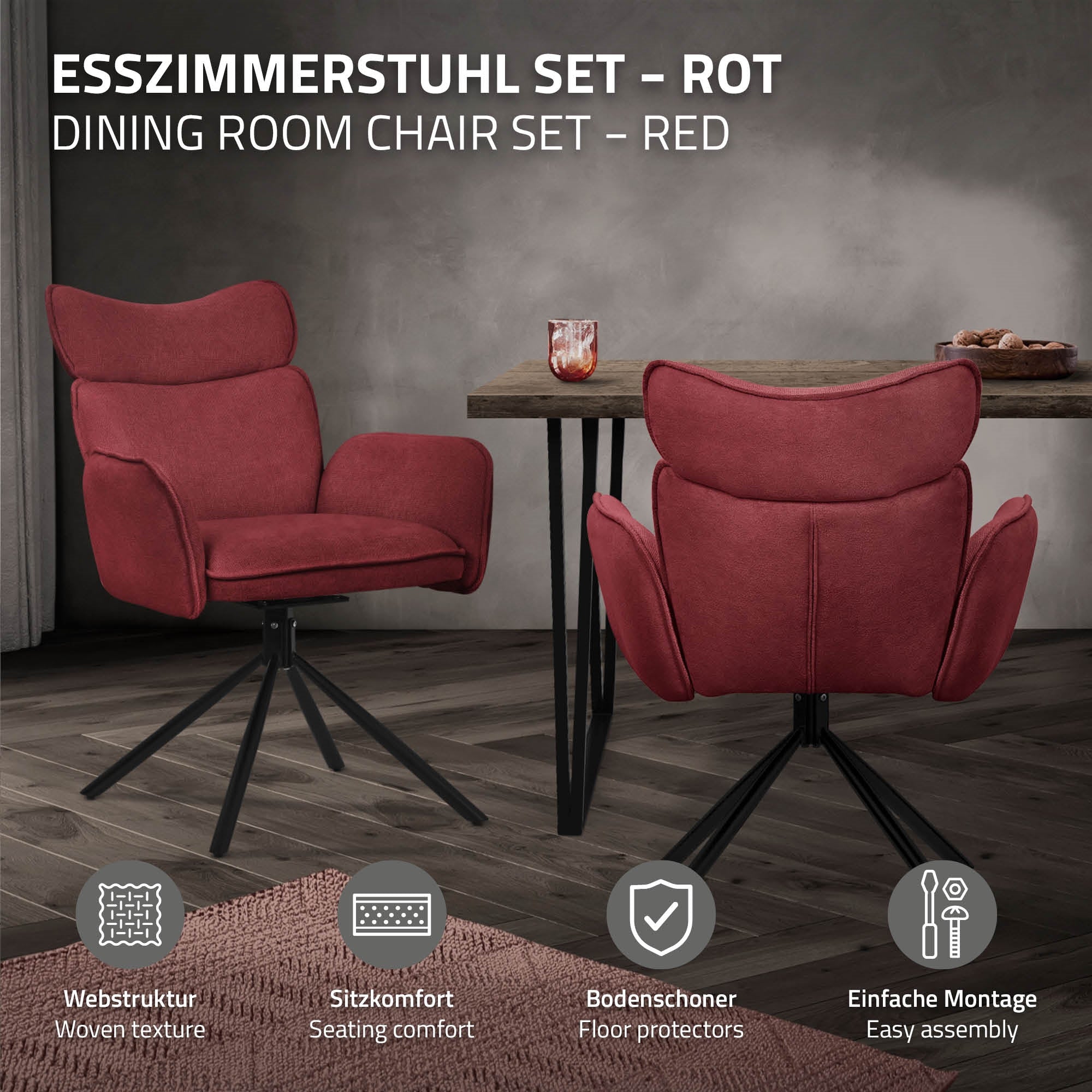 Ein roter Esszimmerstuhl vor einem Tisch, mit Informationen zur Montage.
