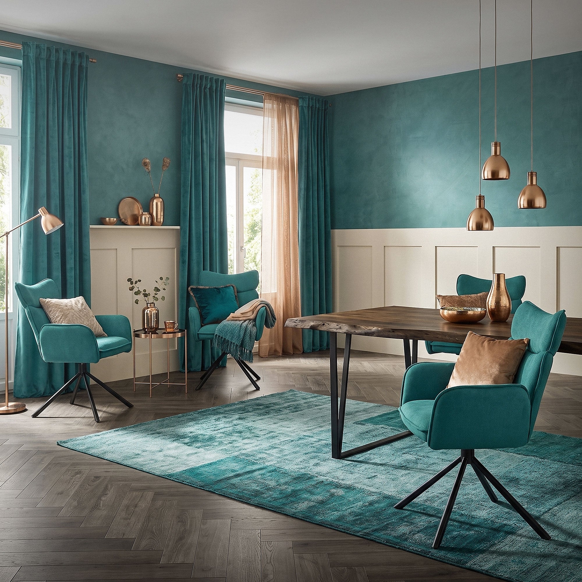 Wohnzimmer mit türkisfarbenen Stühlen, Tisch und dekorativen Elementen.