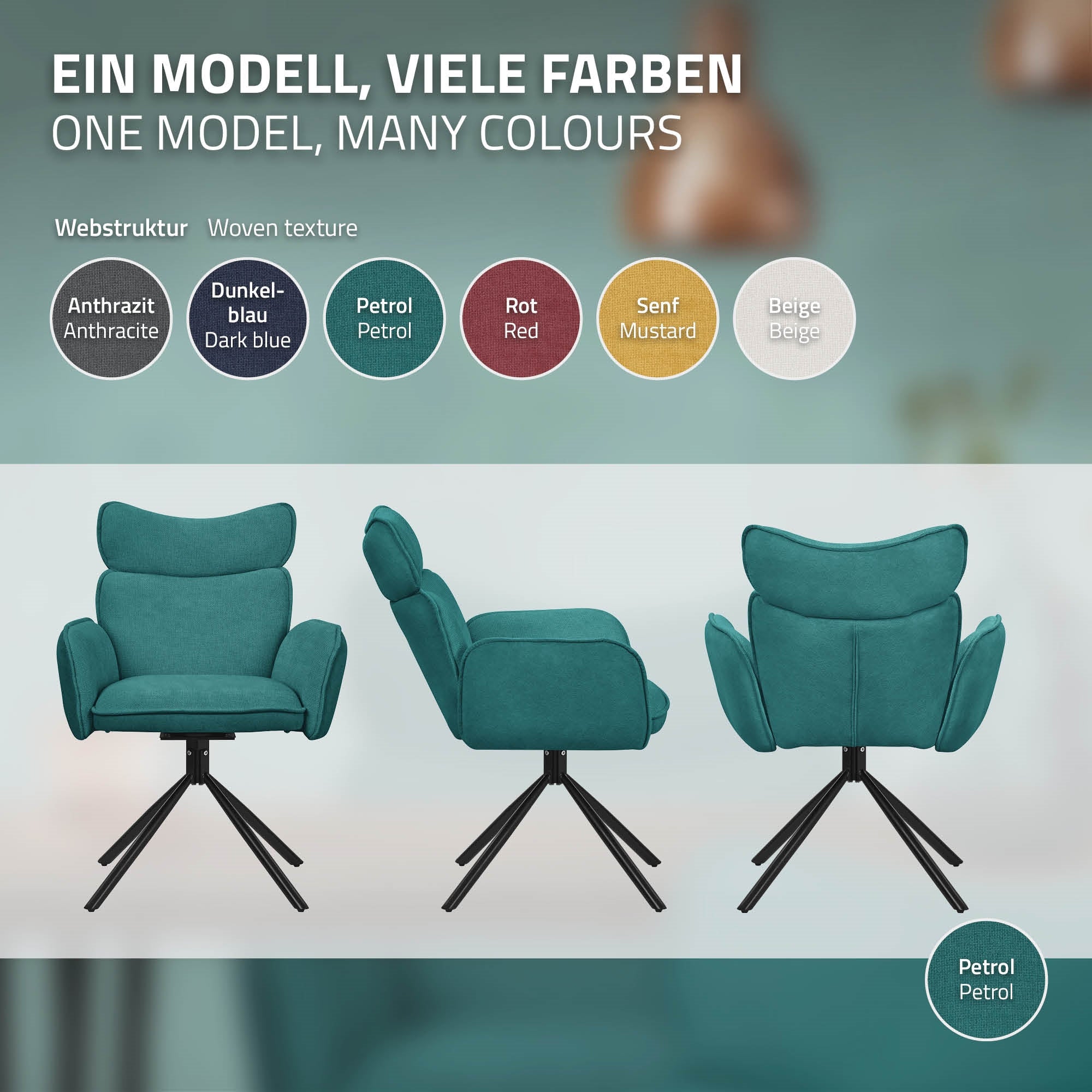 Ein Stuhl in verschiedenen Farben: Anthrazit, Dunkelblau, Petrol, Rot, Senf, Beige.