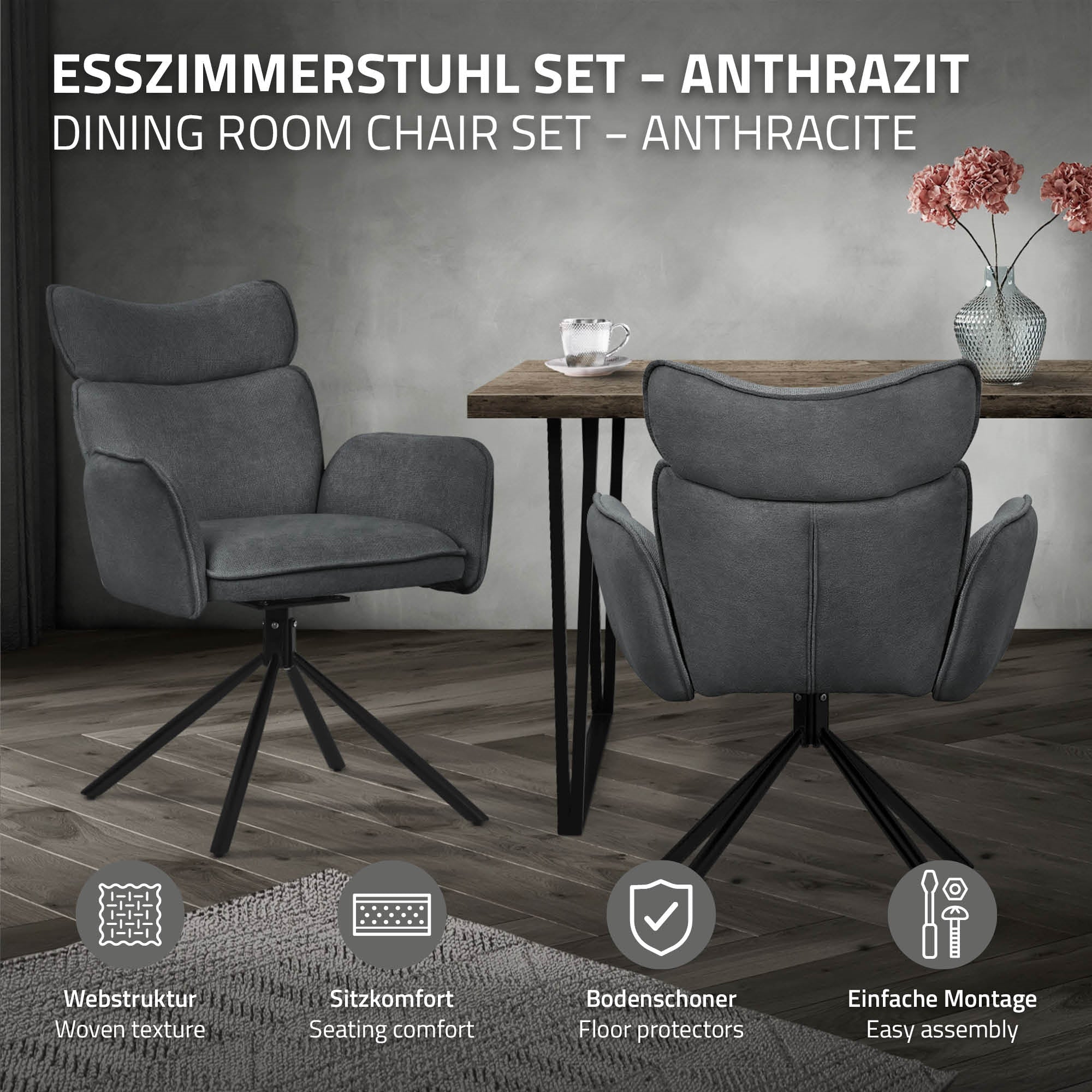 Grauer Esszimmerstuhl in einem Raum mit Tisch und Dekoration.