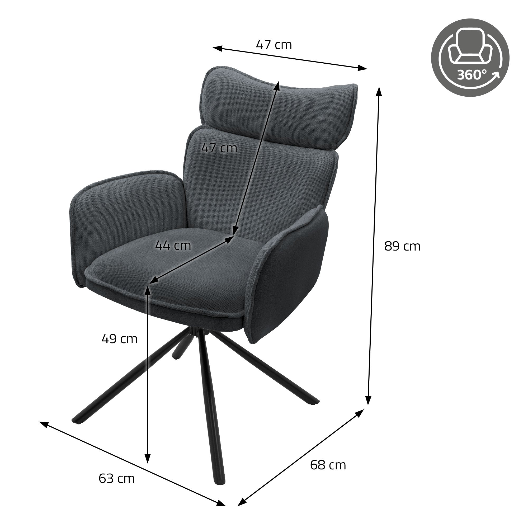 Harmaa ruokapöydän tuoli mitat: 89 cm korkea, 63 cm leveä, 68 cm syvä.
