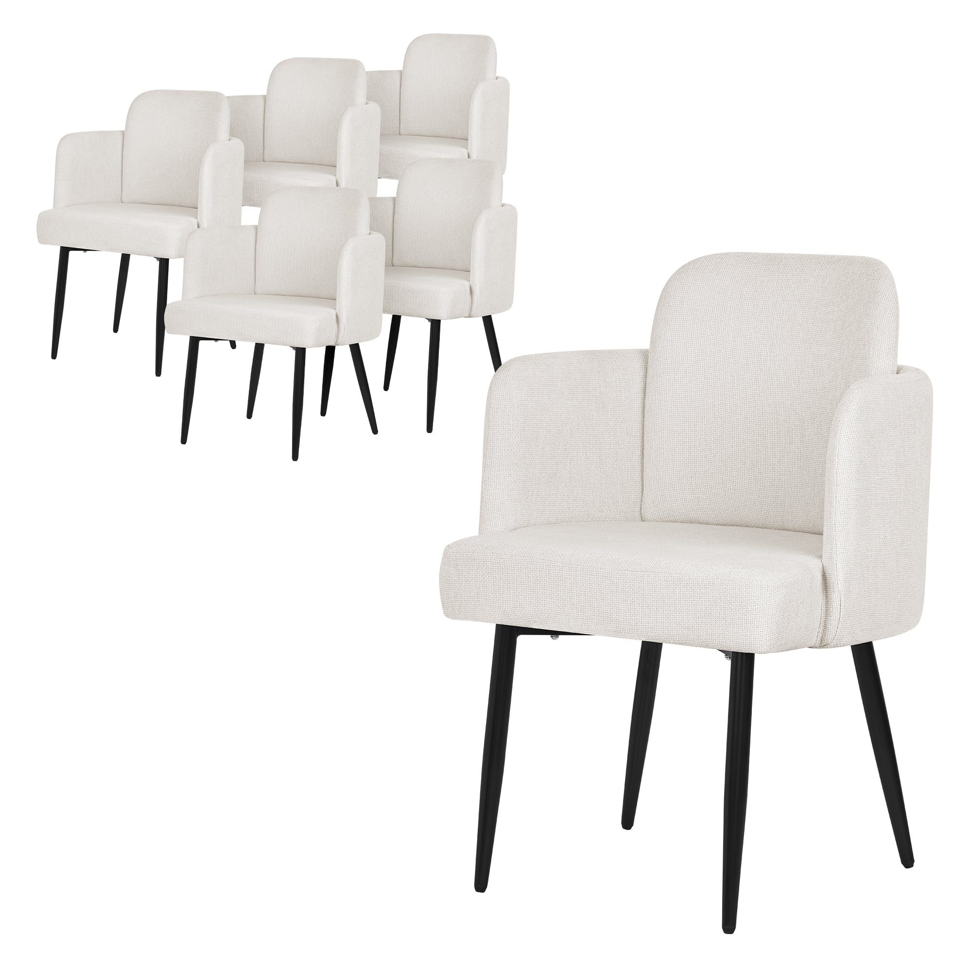 Six chaises blanches avec des pieds noirs, disposées en groupe.