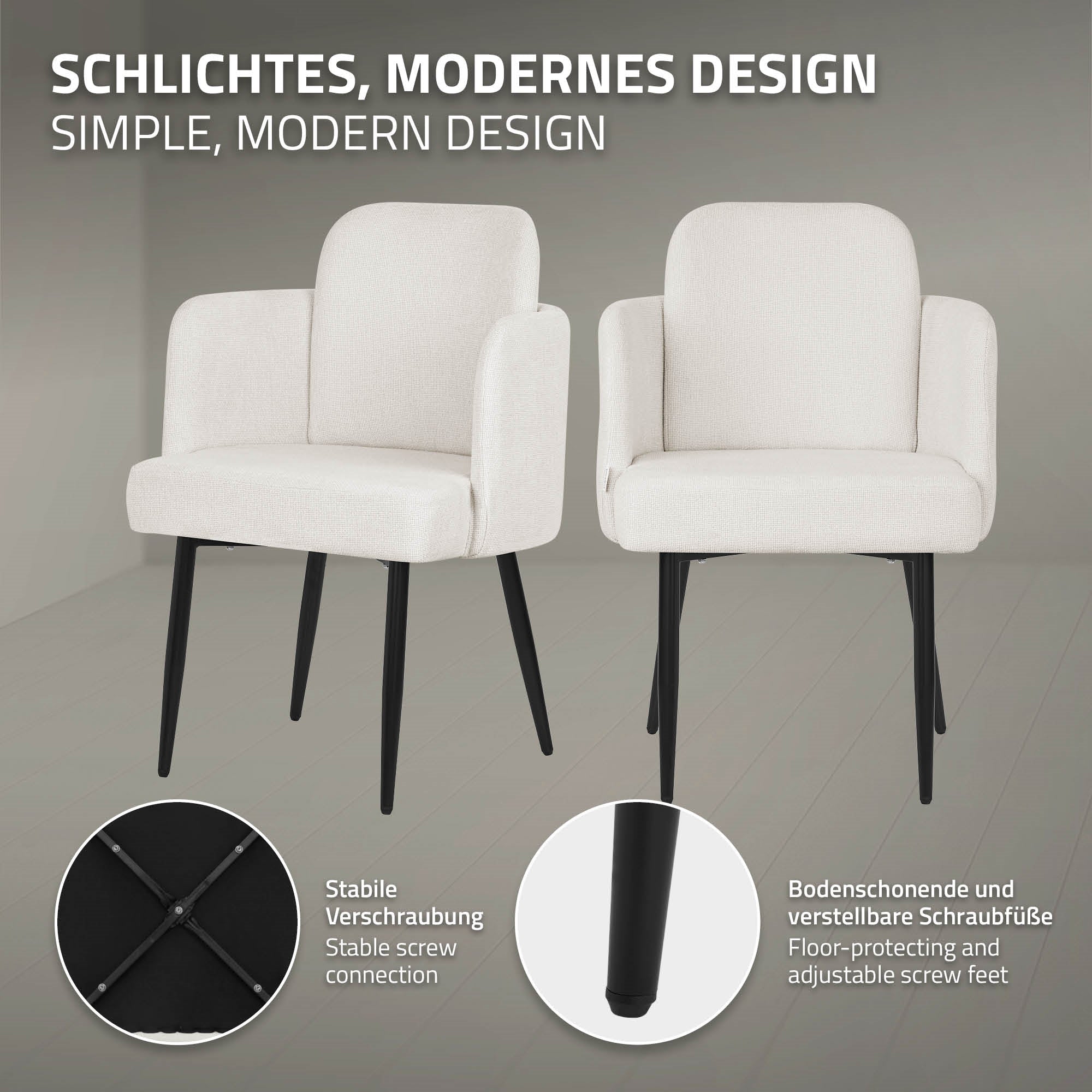 Deux chaises modernes avec un assemblage à vis stable et des pieds réglables.