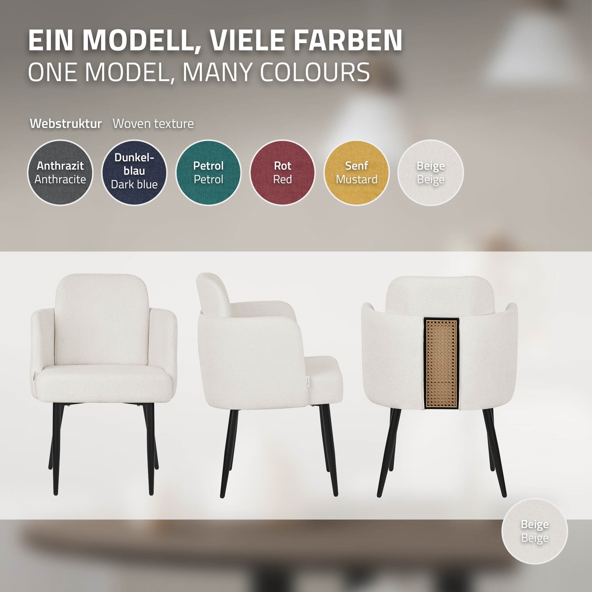 Modèle de chaise en différentes couleurs : anthracite, bleu foncé, pétrole, rouge, moutarde, beige.