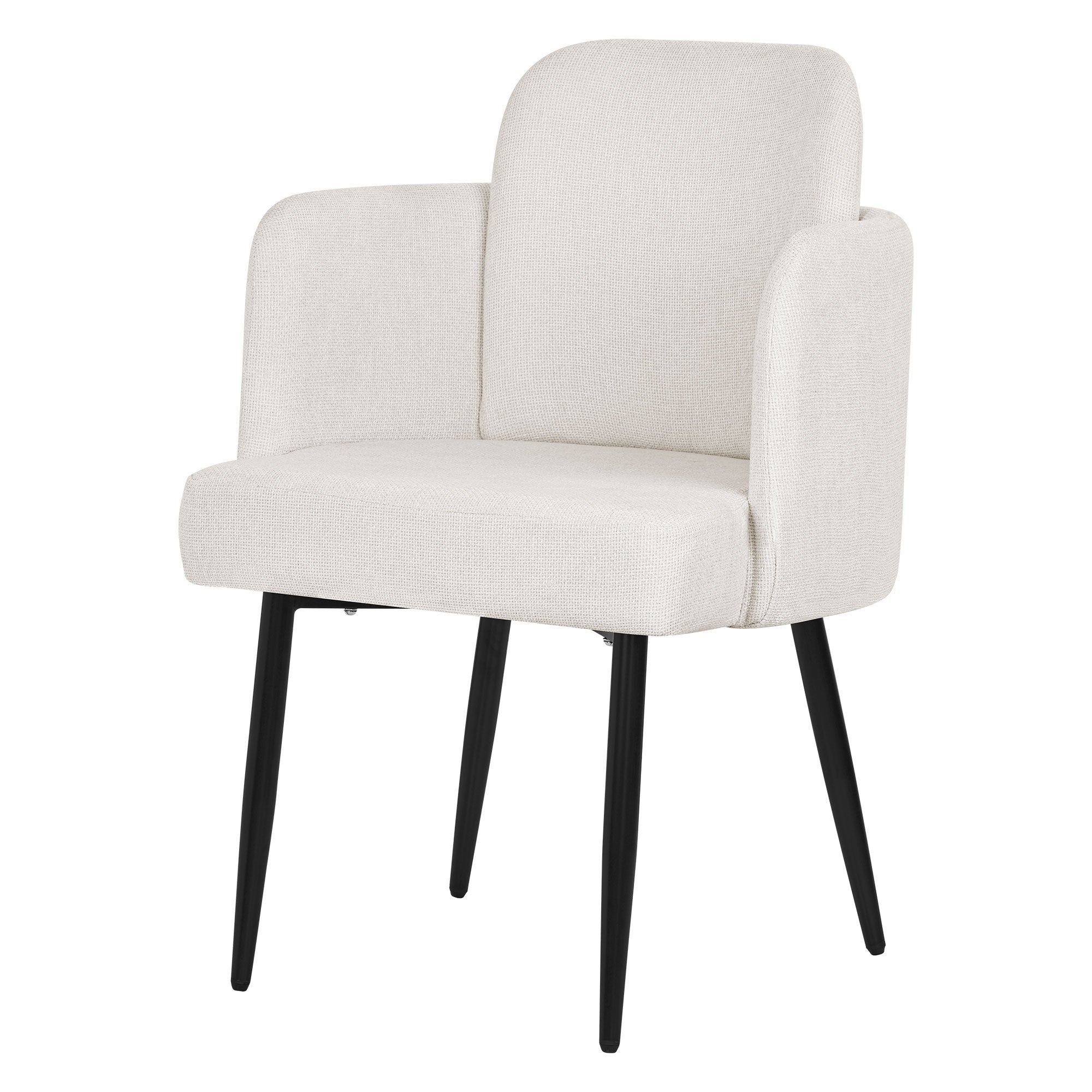 Fauteuil beige avec accoudoirs et pieds noirs.