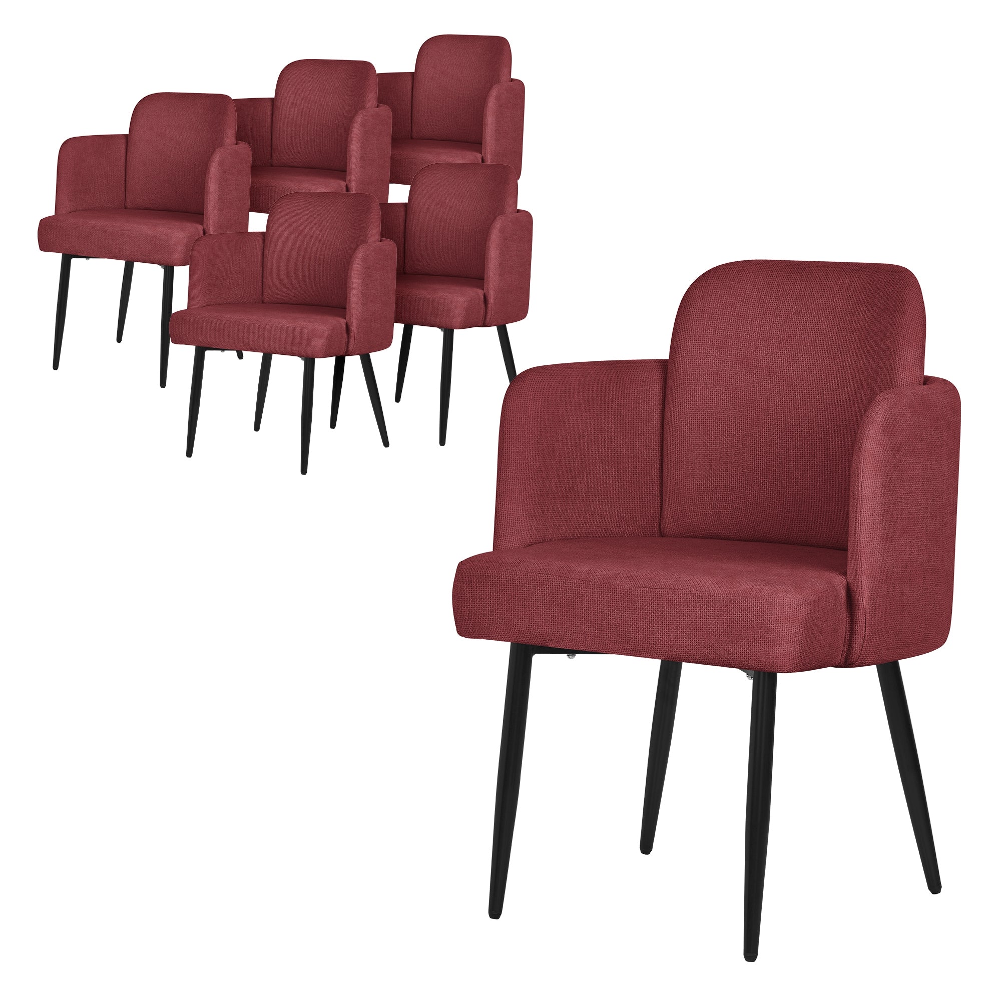 Six chaises rouges avec accoudoirs sur un fond blanc.