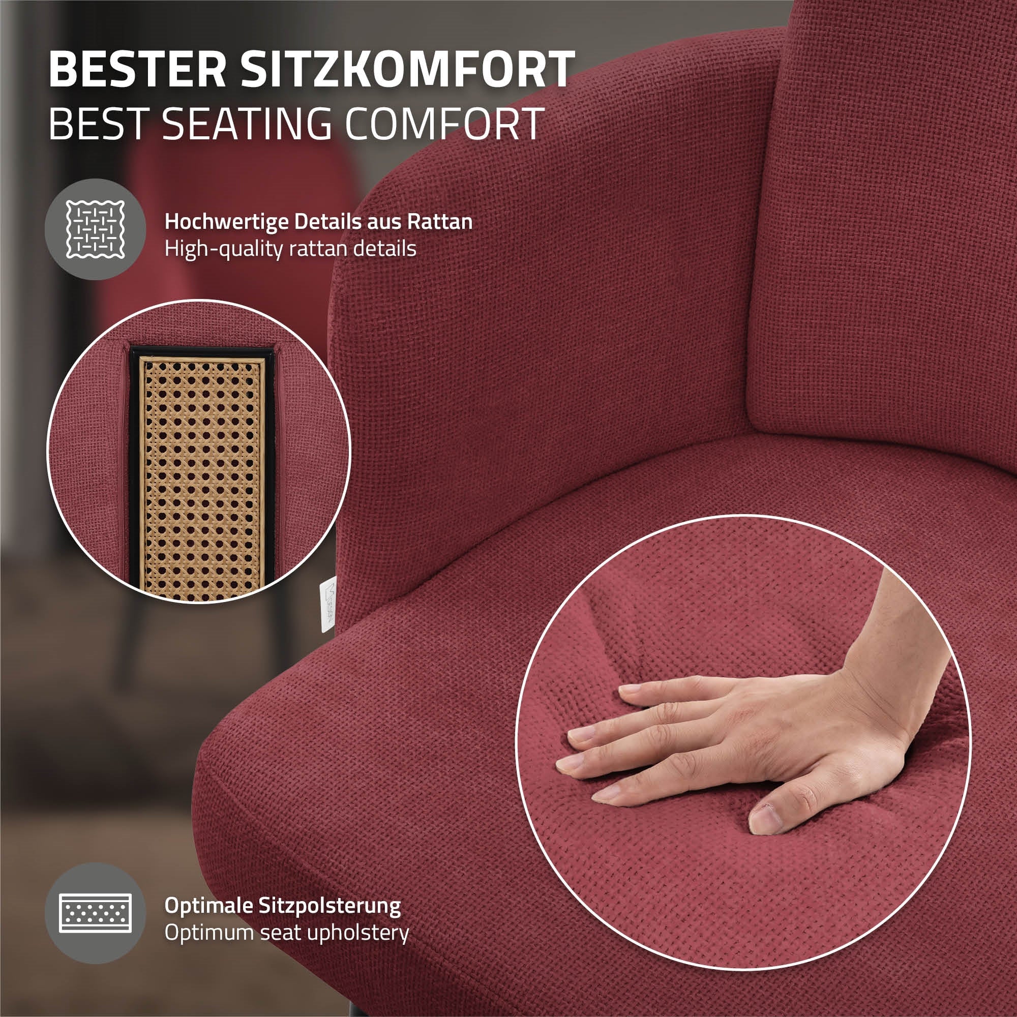 Nahaufnahme eines roten Stuhls mit Rattandetails und einer Hand auf der Sitzfläche.