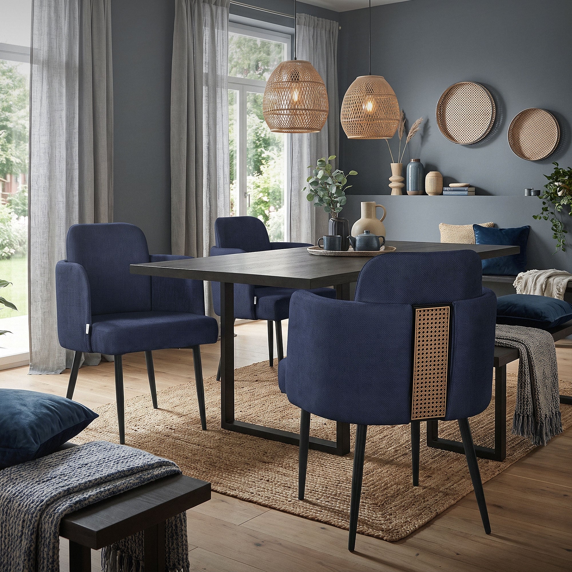 Ein moderner Essbereich mit einem Tisch und blauen Stühlen, umgeben von Fenstern.