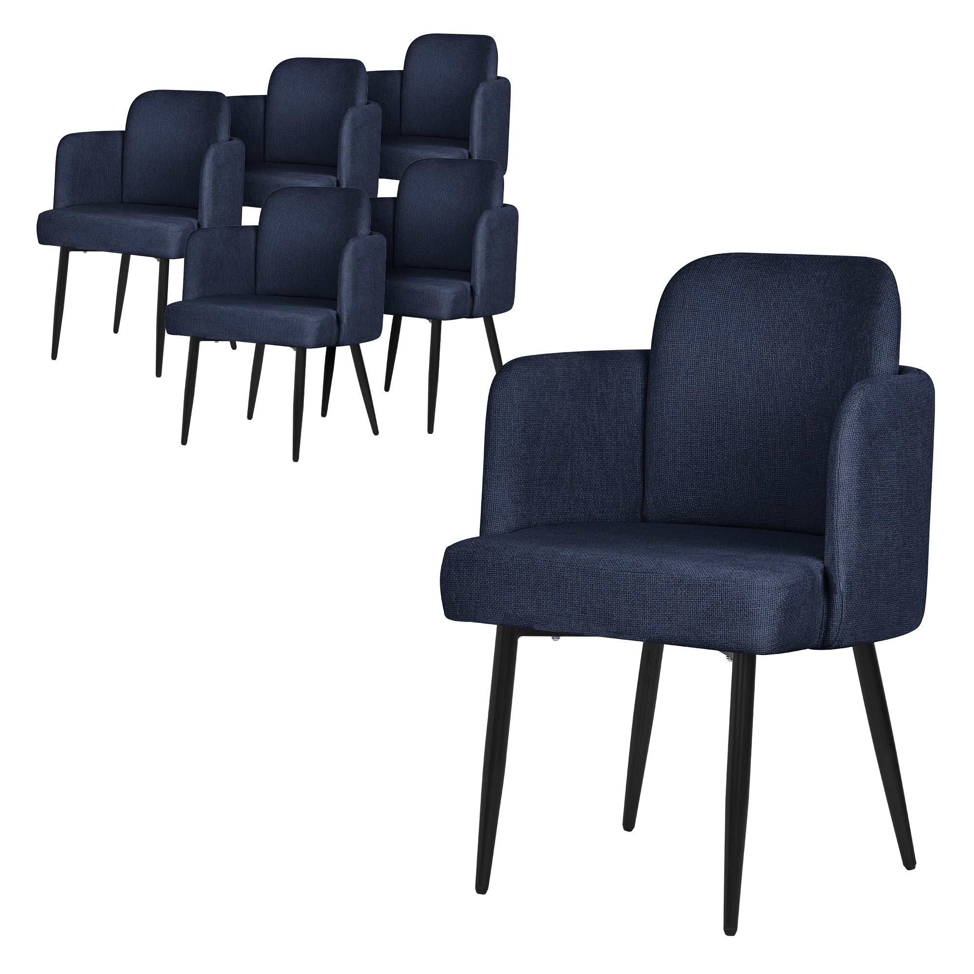 Six chaises bleu foncé avec accoudoirs sur un fond blanc.