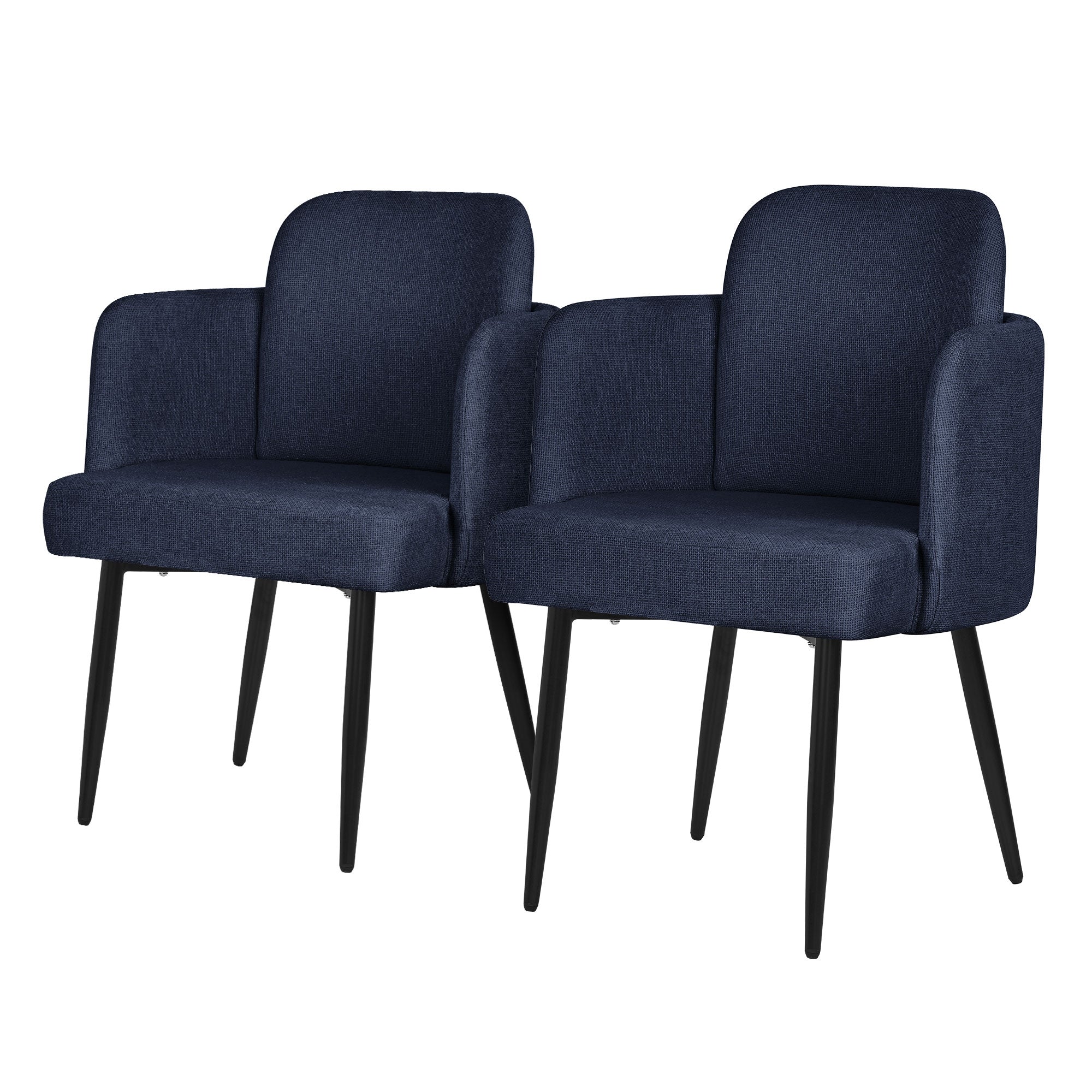 Deux chaises rembourrées bleu foncé avec des pieds noirs.