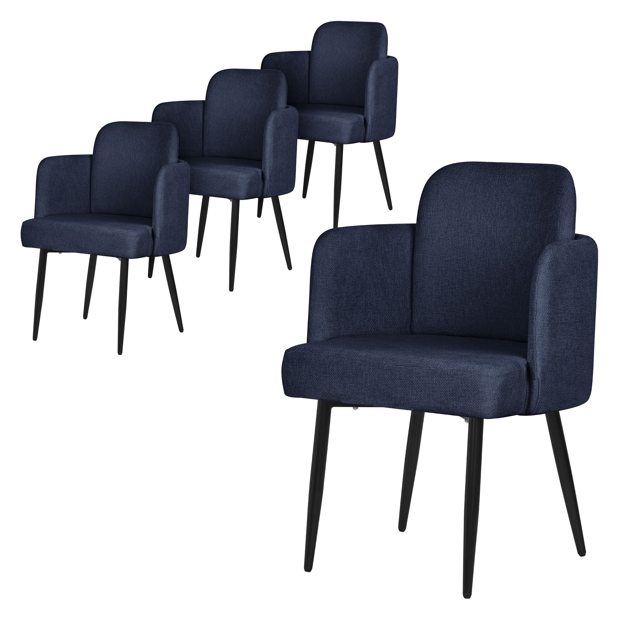 Quatre chaises bleu foncé avec accoudoirs sur un fond blanc.