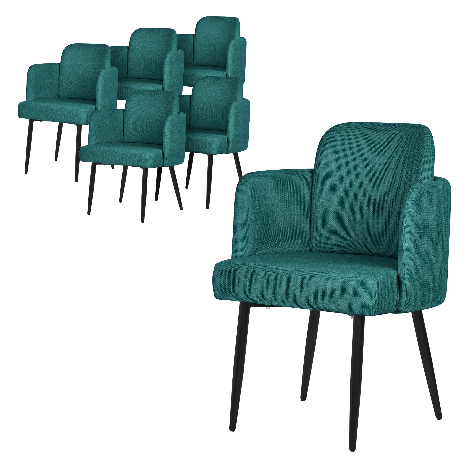 Six chaises turquoise avec des pieds noirs sur un fond clair.