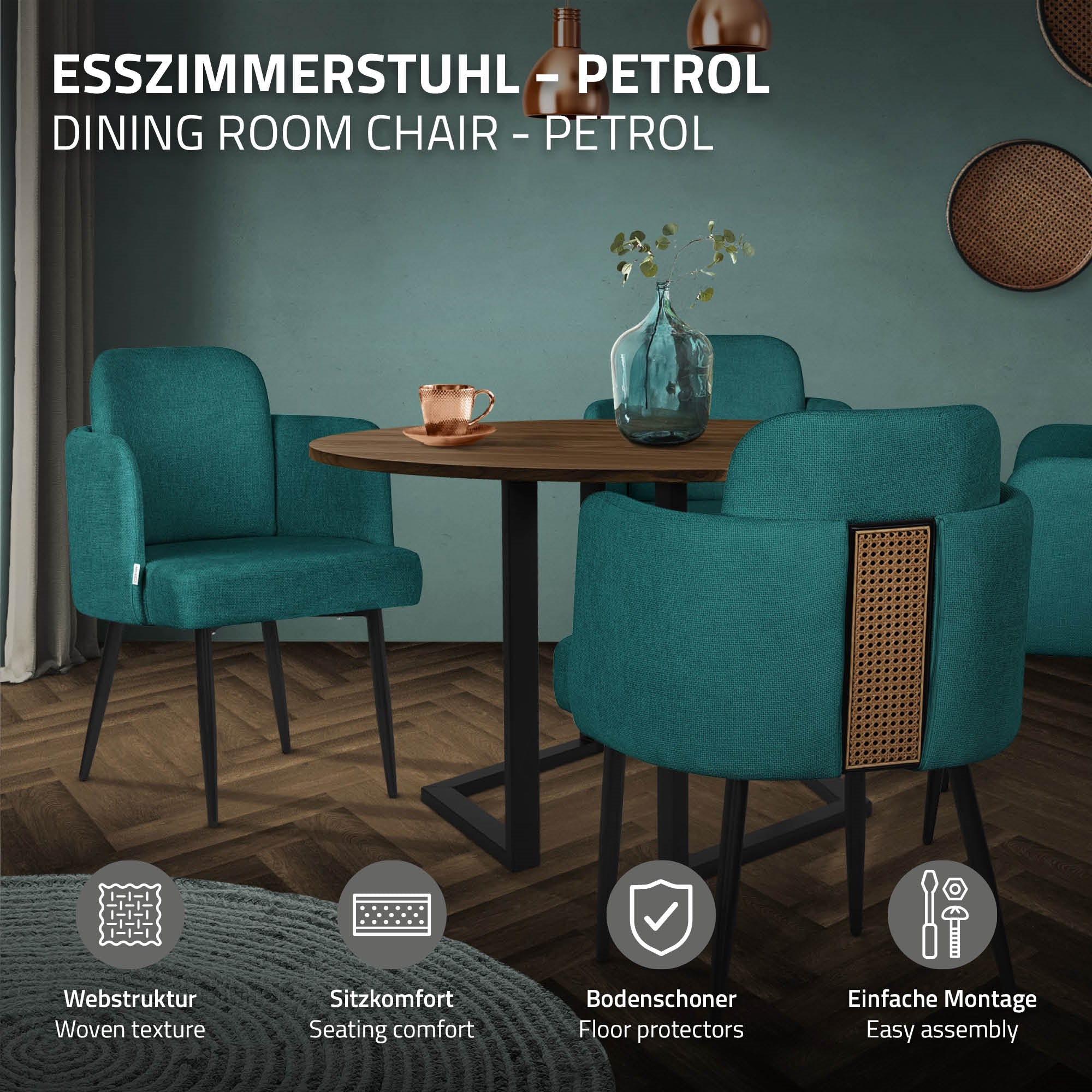 Spisestuestol i petrolfarve, afbildet med monteringsanvisninger og egenskaber.