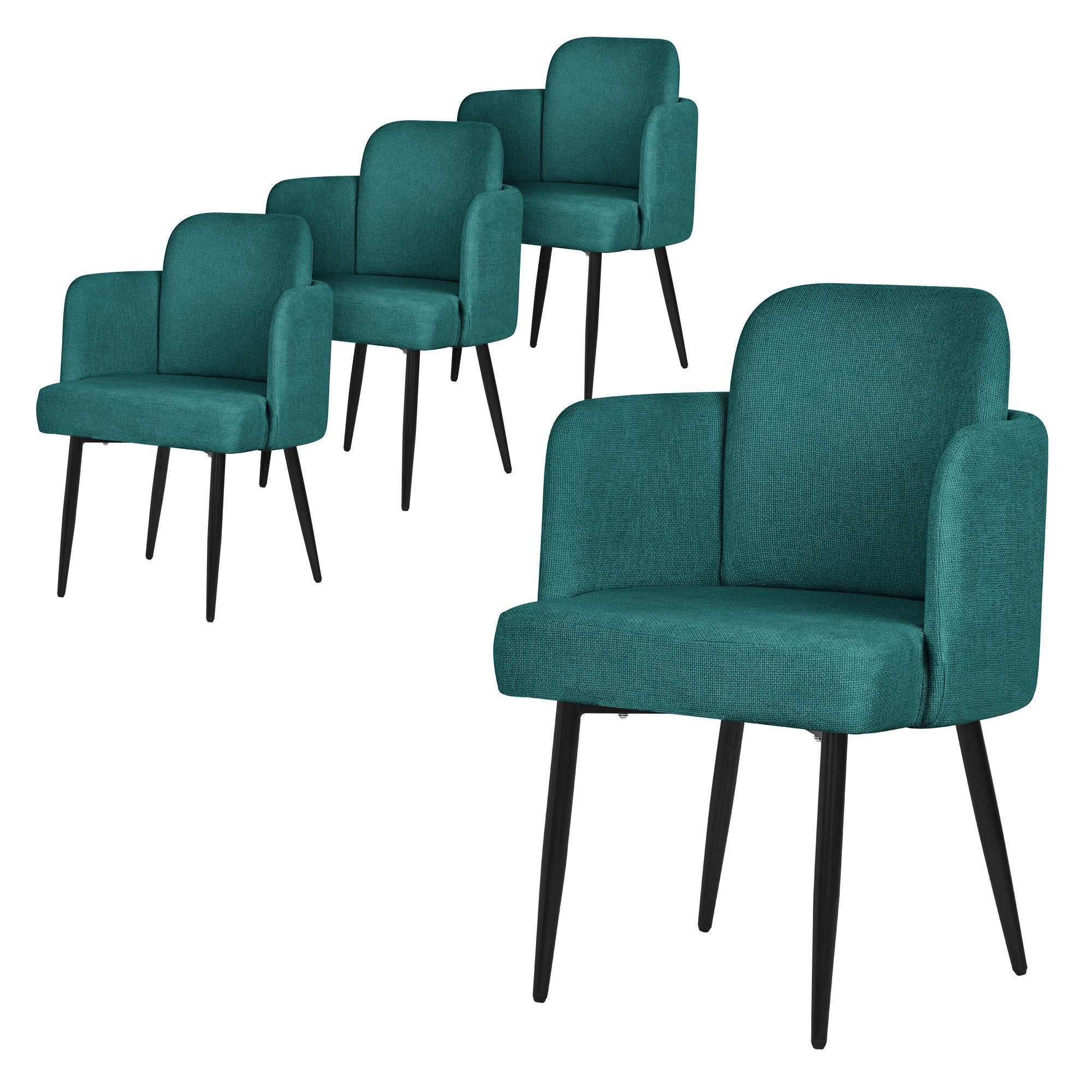 Quatre chaises turquoise avec accoudoirs et cadre noir.