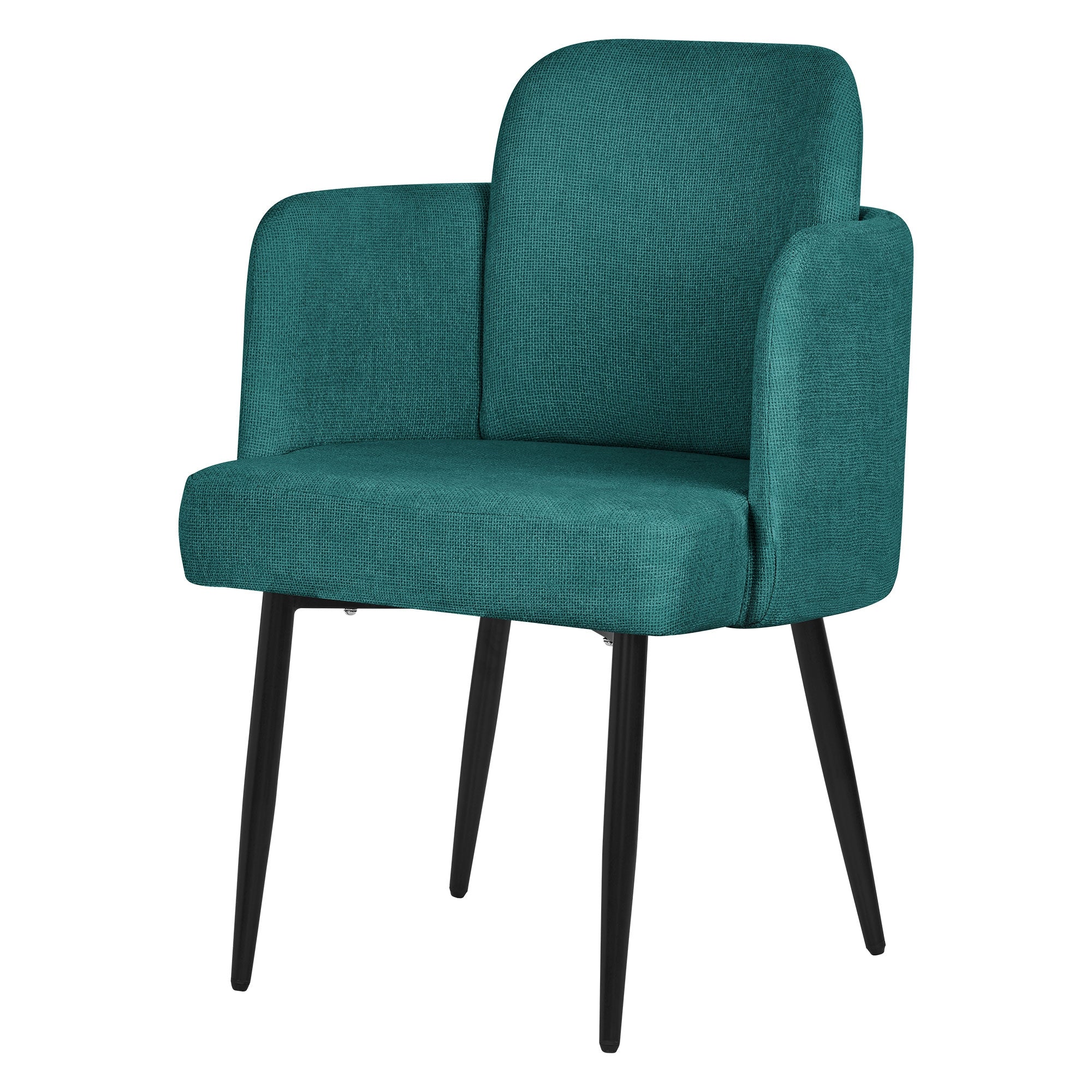Fauteuil rembourré turquoise avec pieds noirs, pris de face.