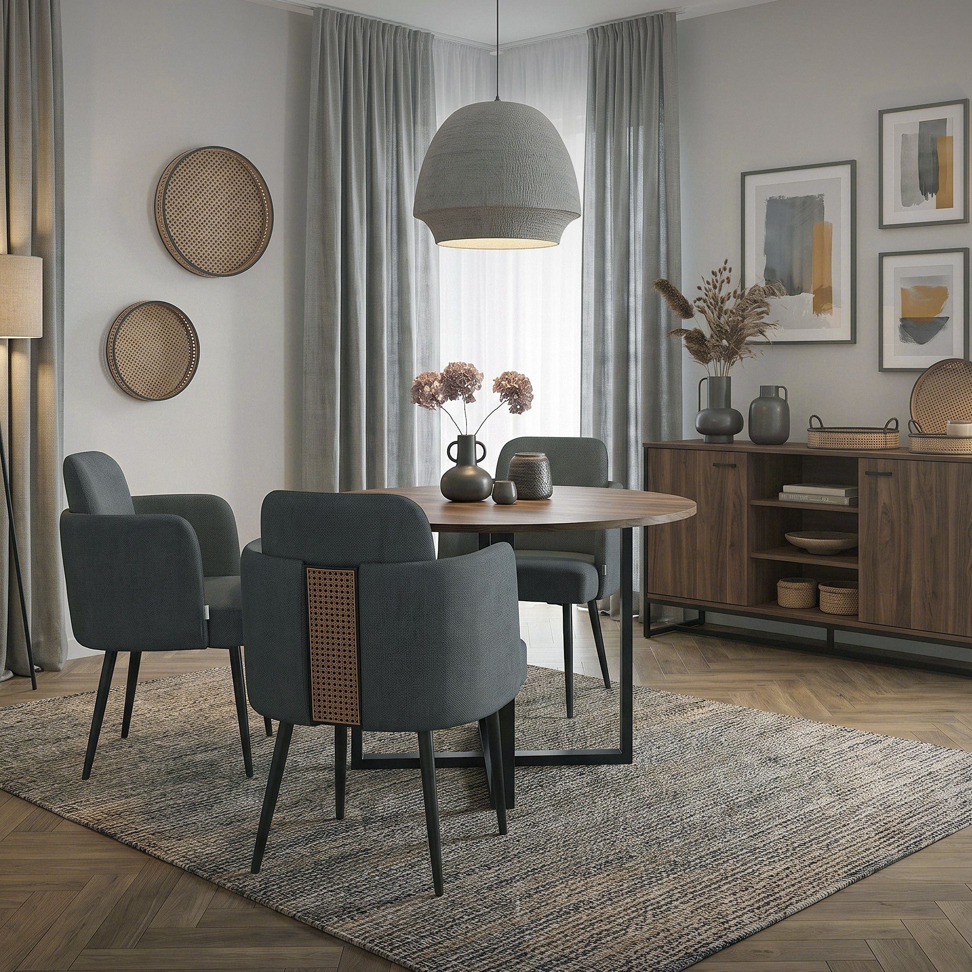 Un espace de repas moderne avec une table ronde et quatre chaises.