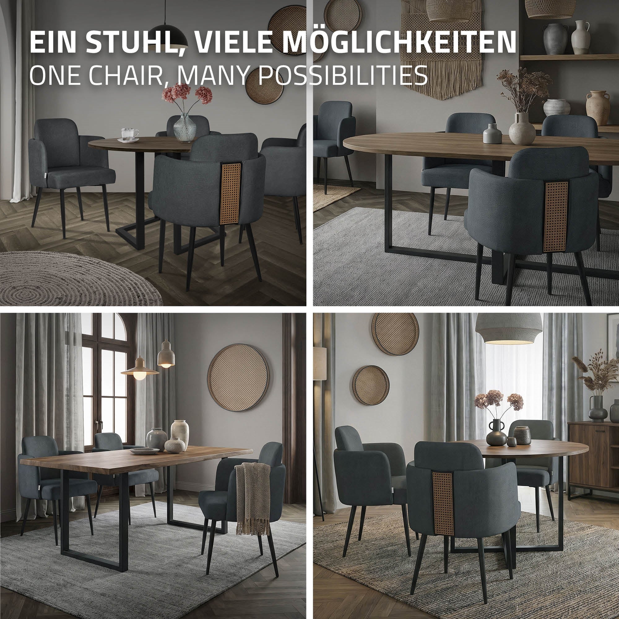 Collage de quatre images d'une salle à manger avec des chaises grises et une table.