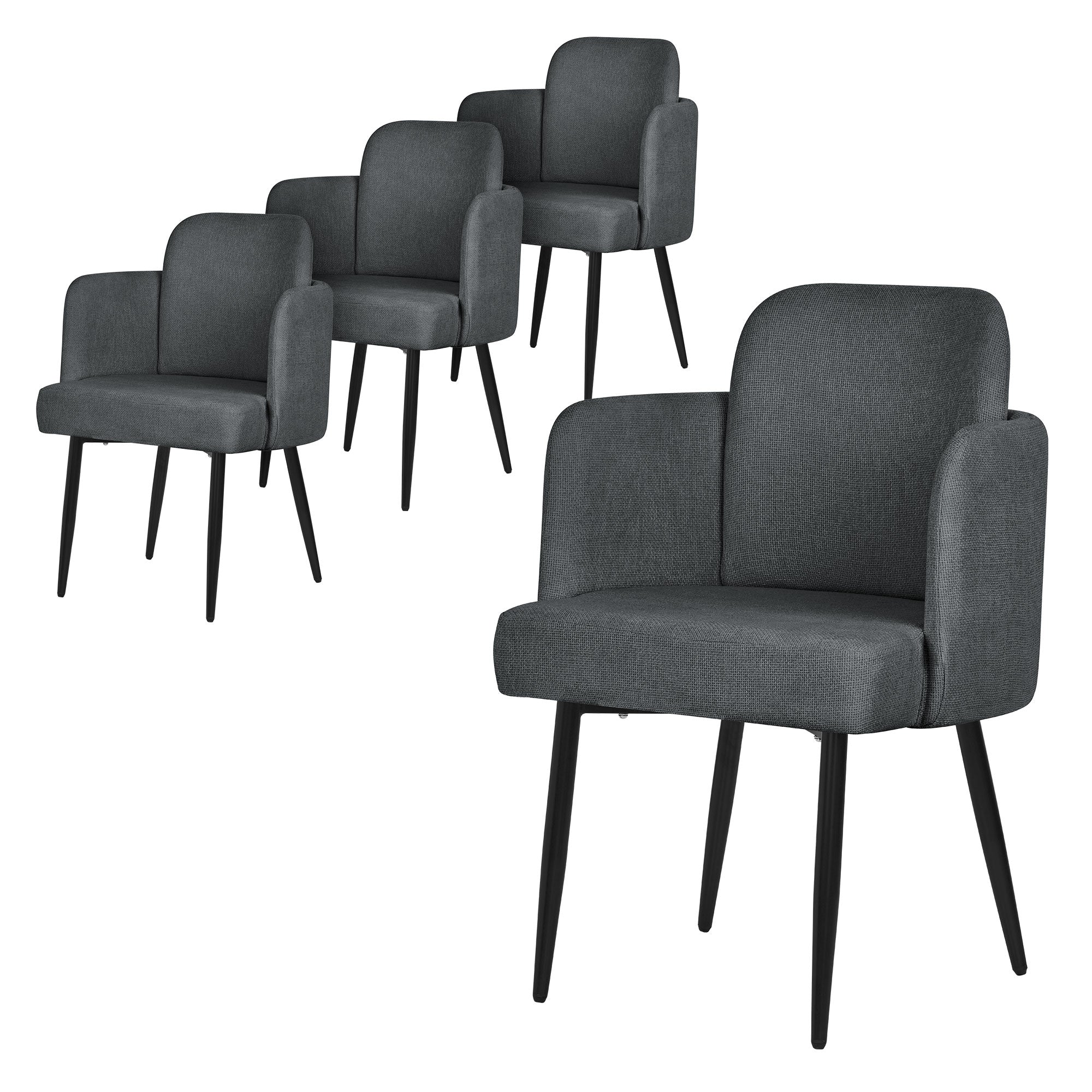 Quatre chaises grises avec accoudoirs et structure noire.