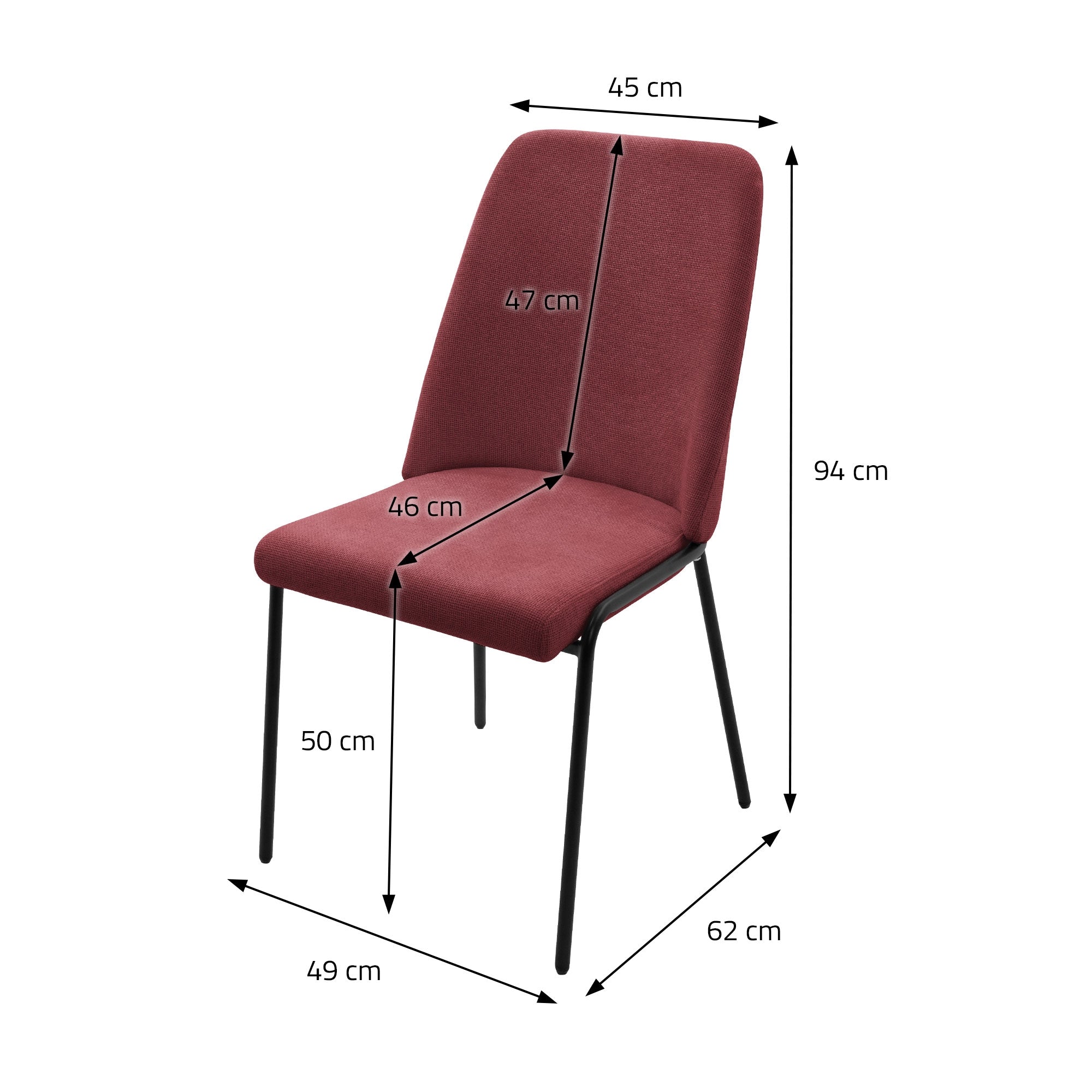 Una silla roja con medidas de altura y ancho sobre un fondo blanco.