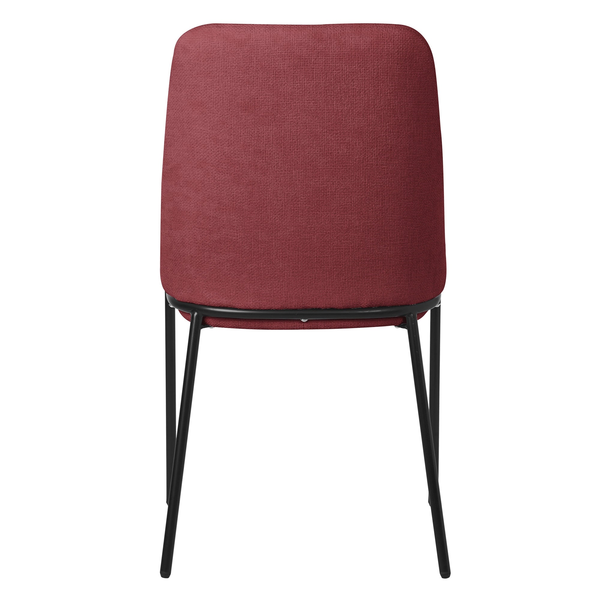 Vista trasera de una silla roja con estructura negra sobre un fondo blanco.