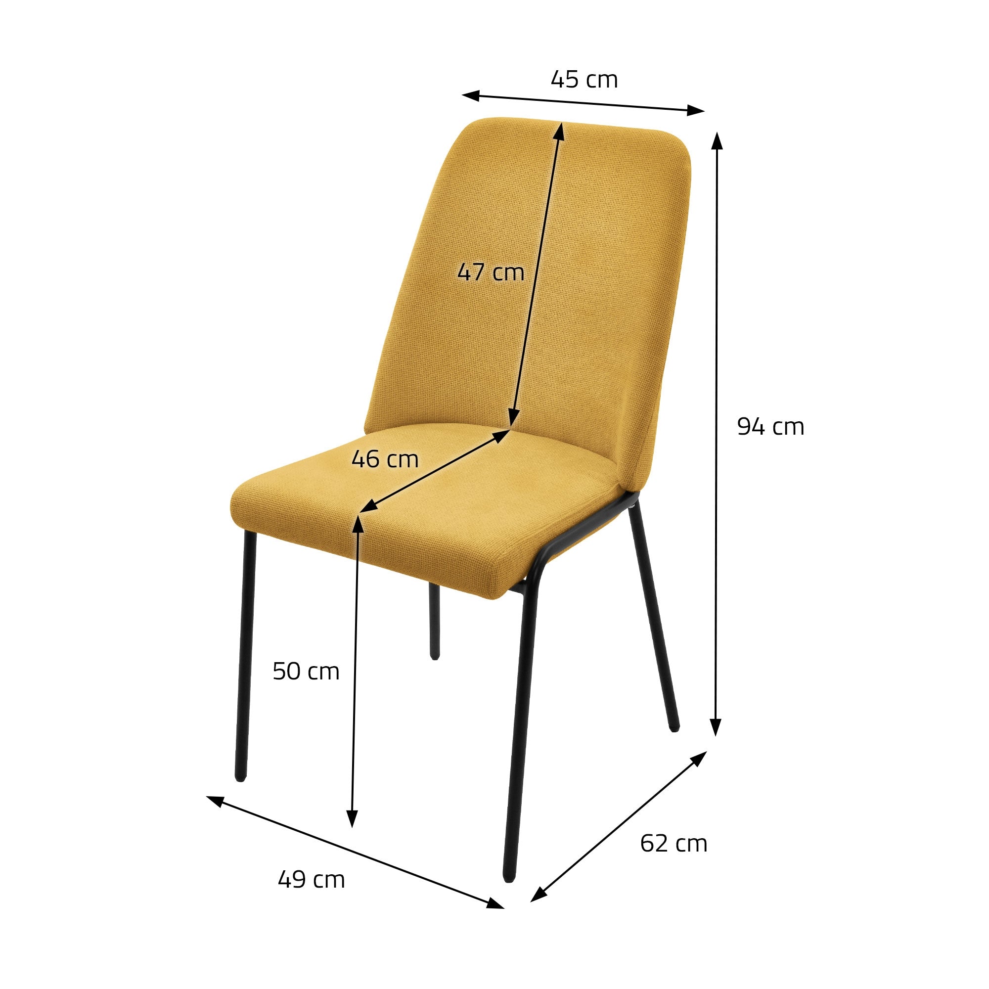 Ein gelber Stuhl mit Maßangaben in einer Grafik.