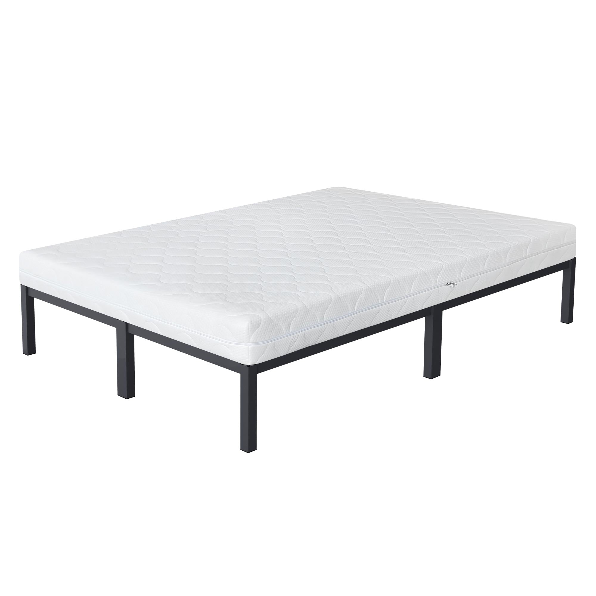 Letto bianco con materasso su una struttura nera.