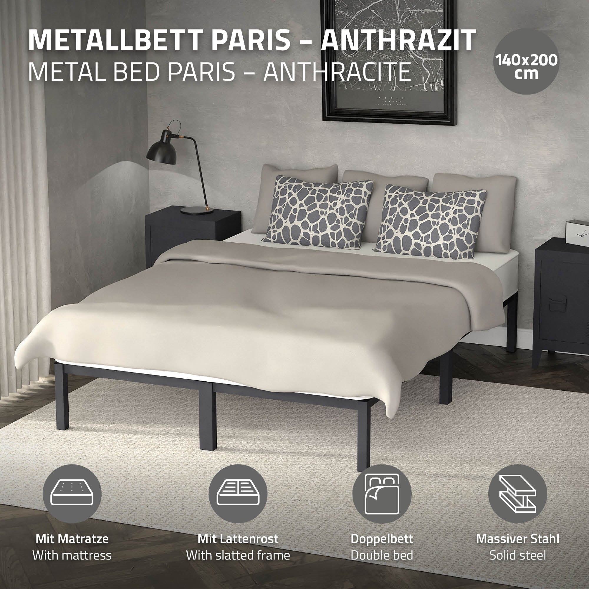 Letto in metallo antracite con materasso e cuscino.
