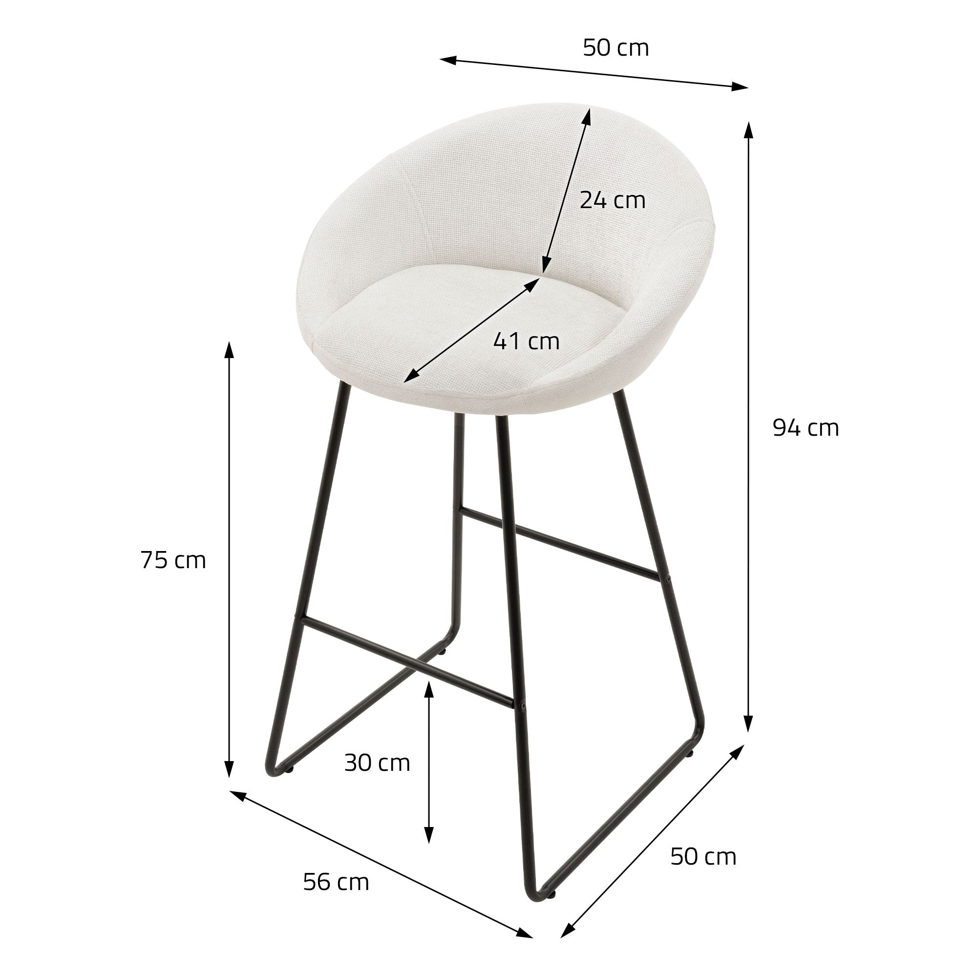 Disegno delle misure di uno sgabello da bar con dimensioni in centimetri.