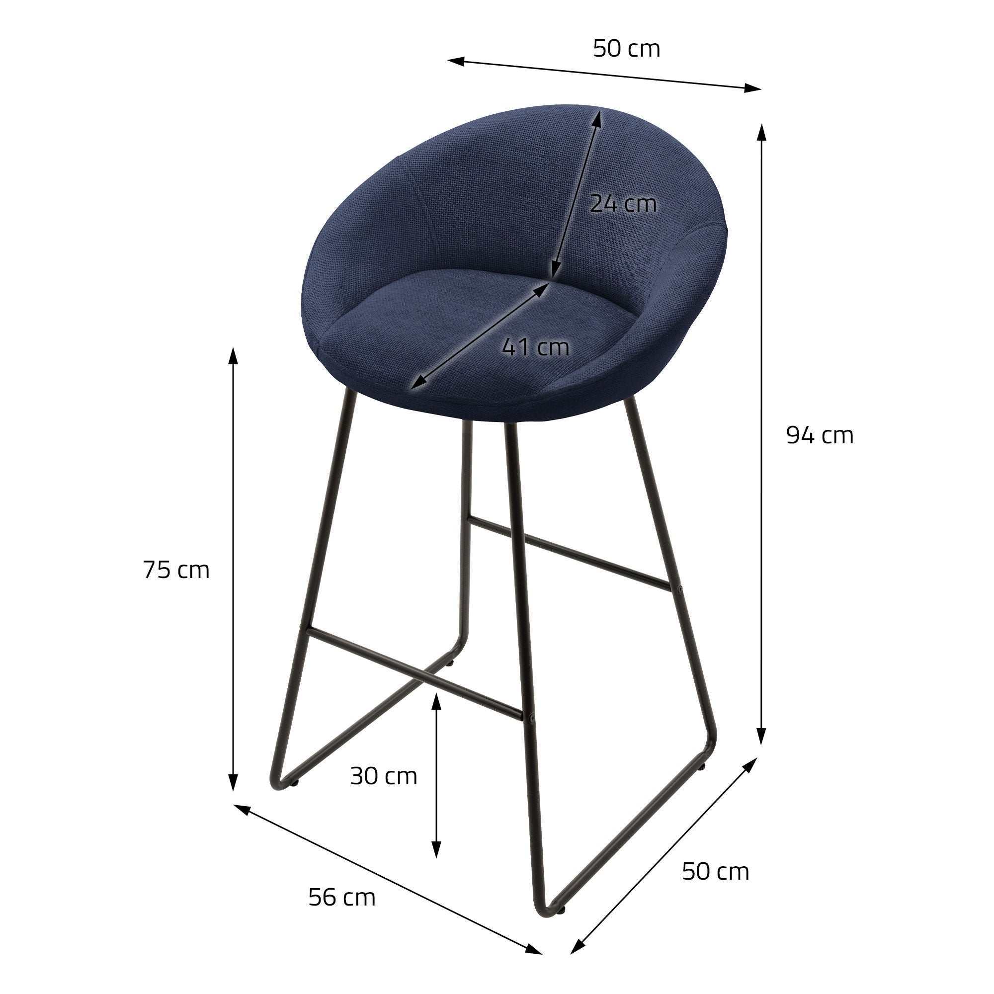 Dessin technique d'un tabouret de bar bleu avec dimensions en centimètres.