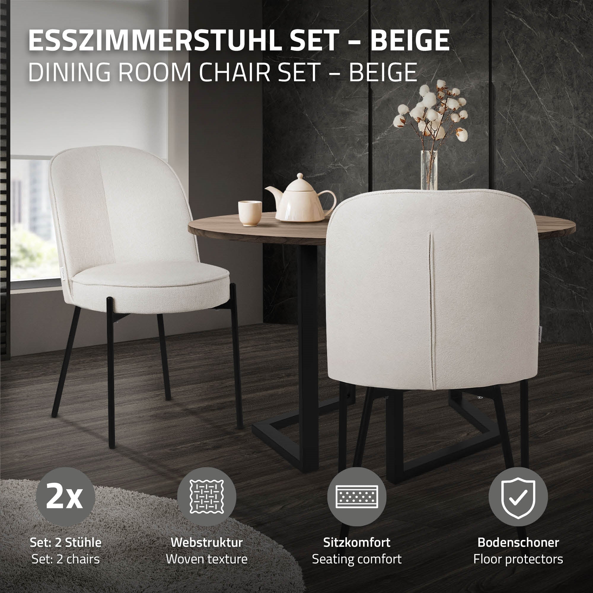 Beige Esszimmerstuhl-Set mit zwei Stühlen und Tisch.