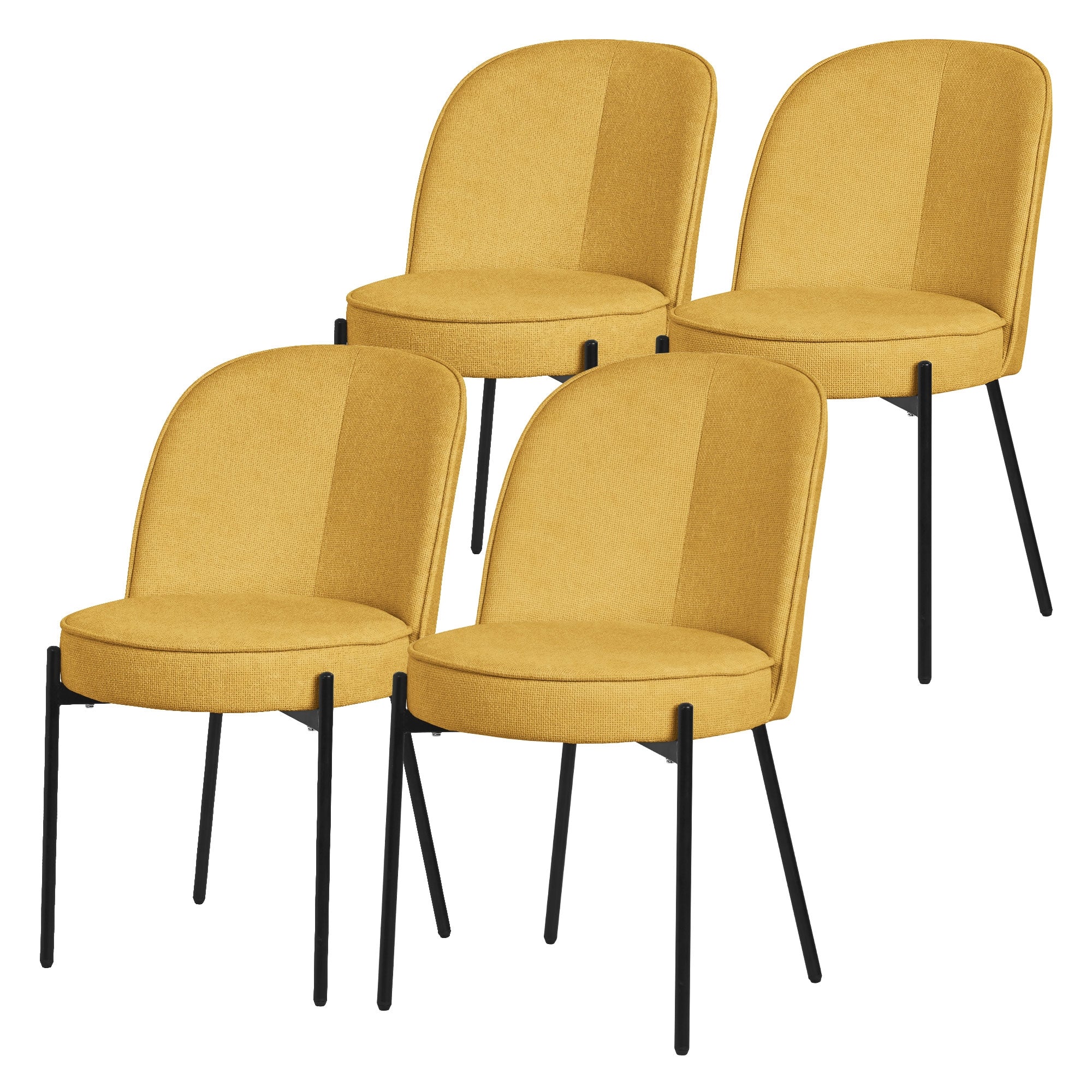 Four yellow chairs with black legs in a row.