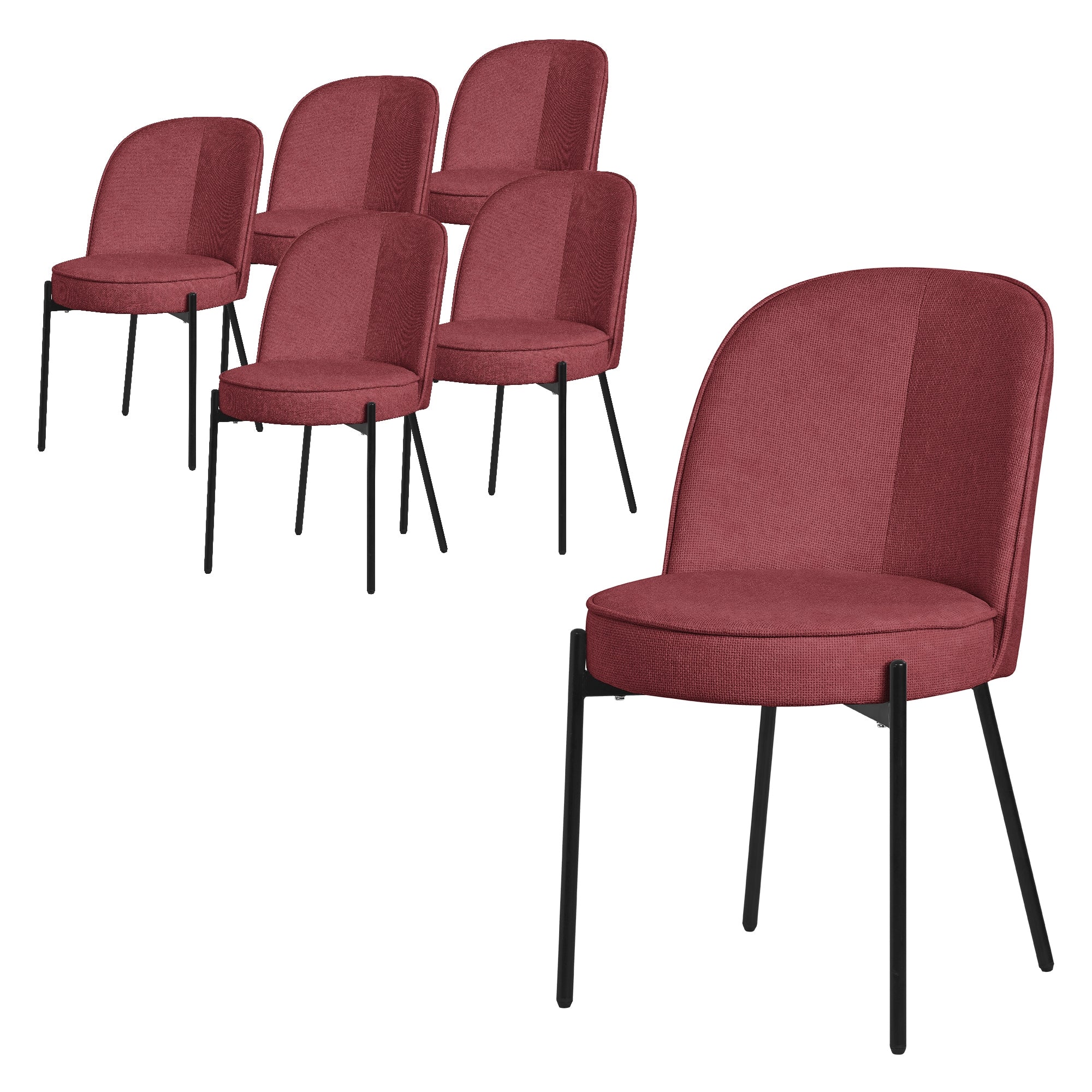 Sechs rote Stühle mit runden Sitzen und schwarzen Beinen.