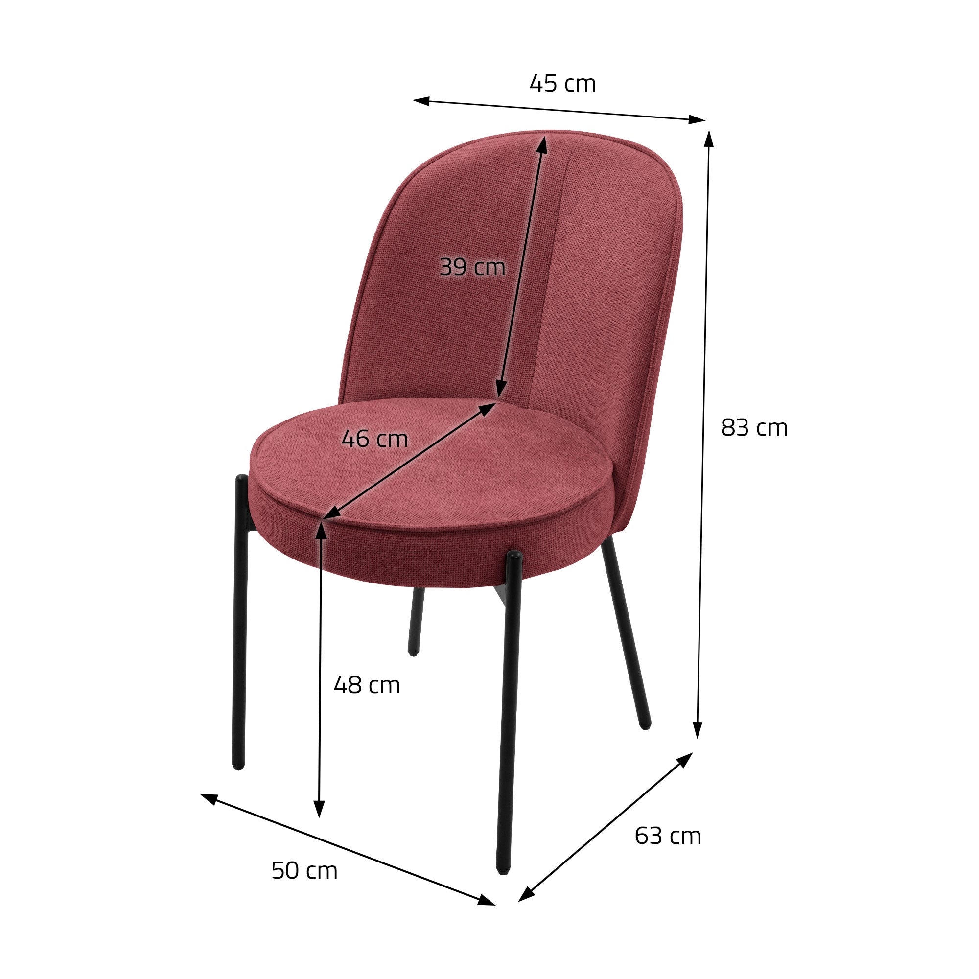 Kulatý stůl v červené barvě s rozměry: výška 83 cm, šířka 50 cm, hloubka 45 cm.