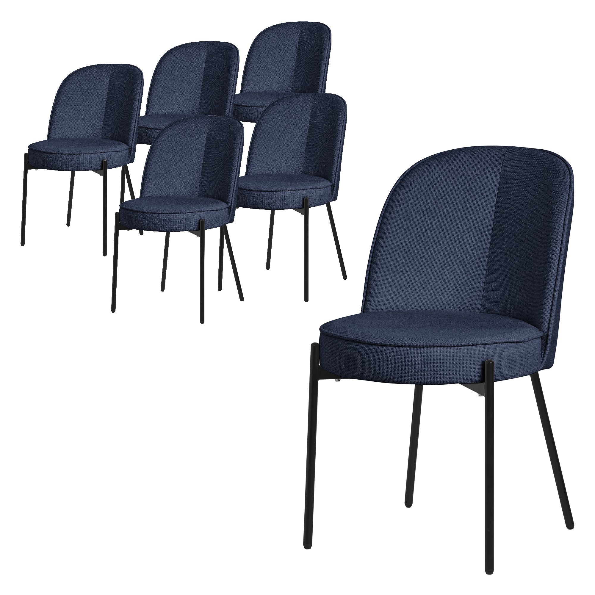 Sechs dunkelblaue Stühle mit runden Sitzen und schwarzen Beinen.