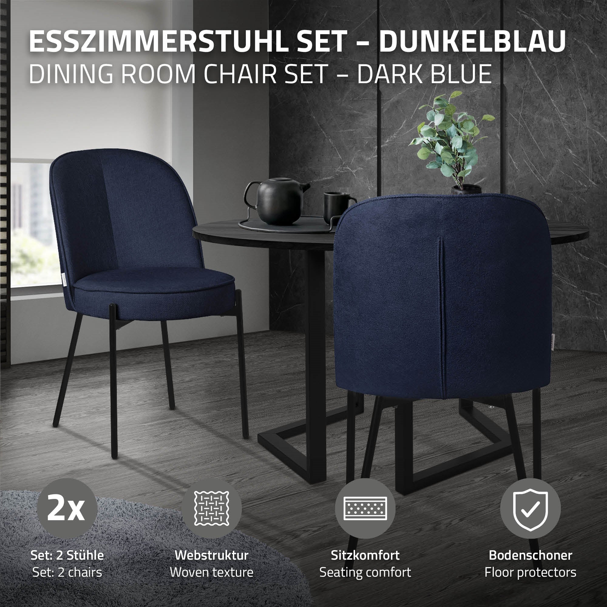 Dunkelblaues Esszimmerstuhl-Set mit Tisch und zwei Stühlen.