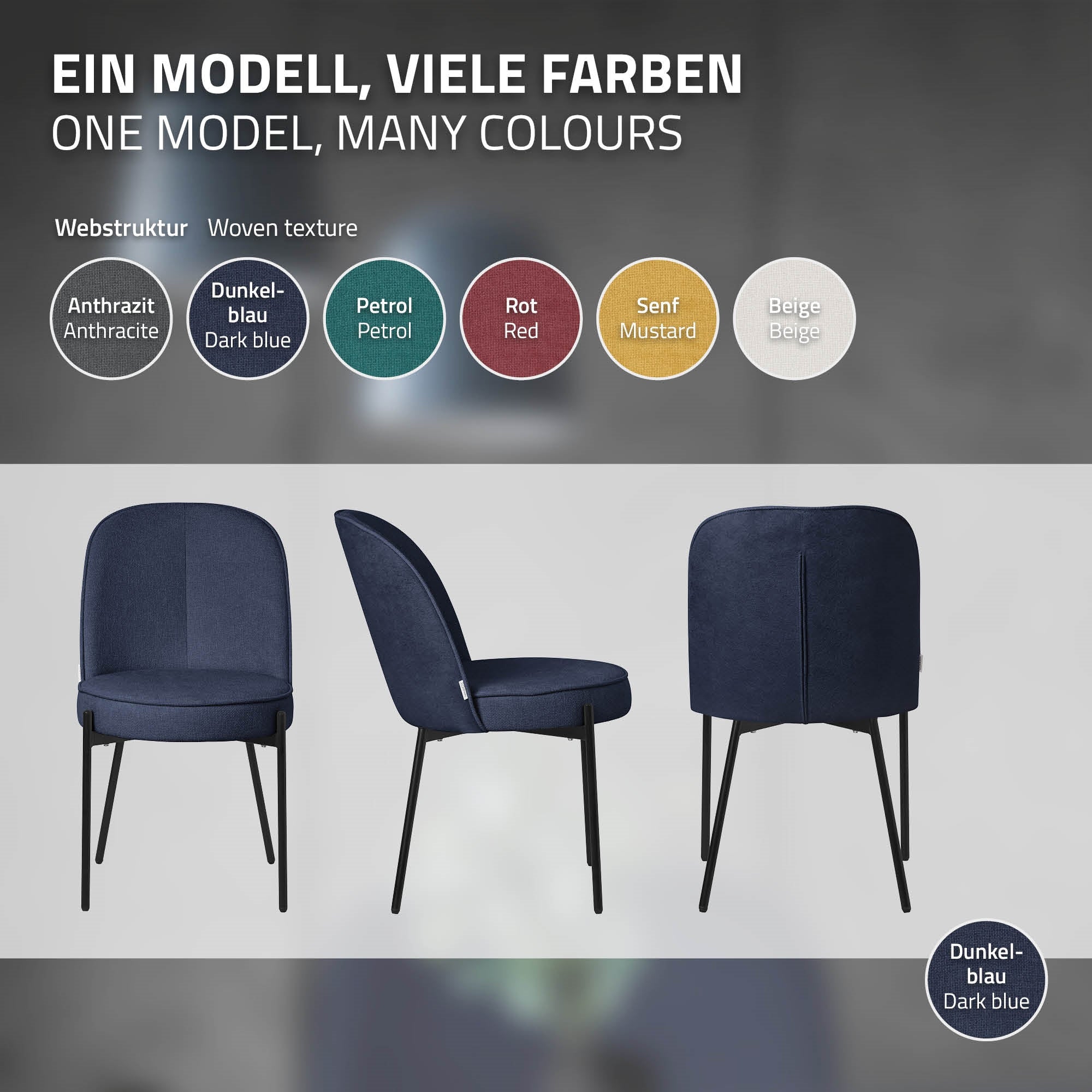 Un modelo de silla en varios colores, con texturas y opciones de color.