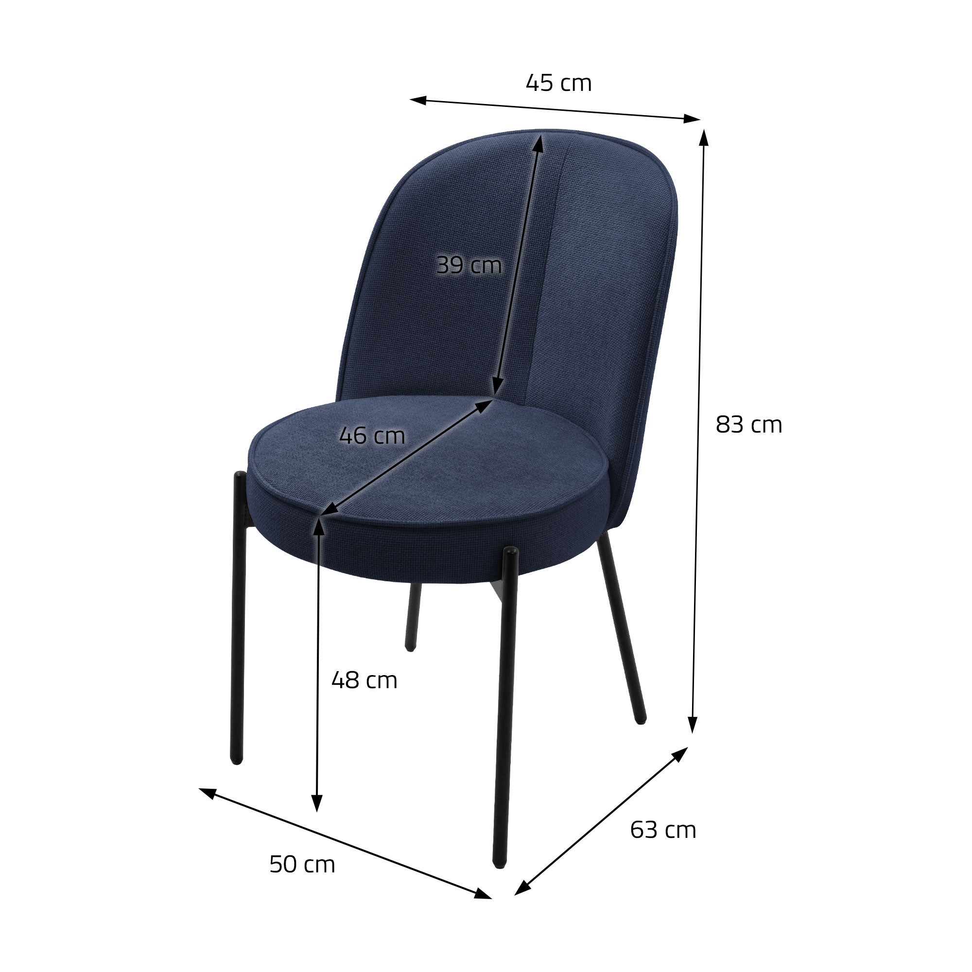 Dibujo técnico de una silla azul con dimensiones en cm.