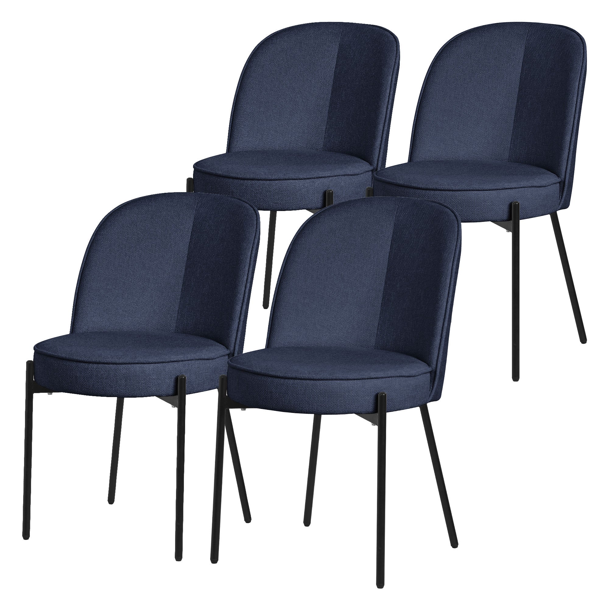 Vier dunkelblaue Stühle mit schwarzem Gestell.