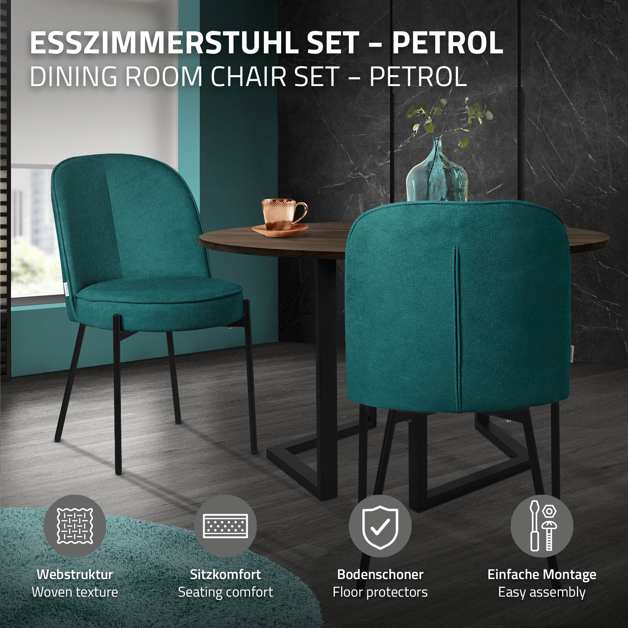 Ein Esszimmerstuhl-Set in Petrolfarbe, mit einem Tisch und einer Tasse.