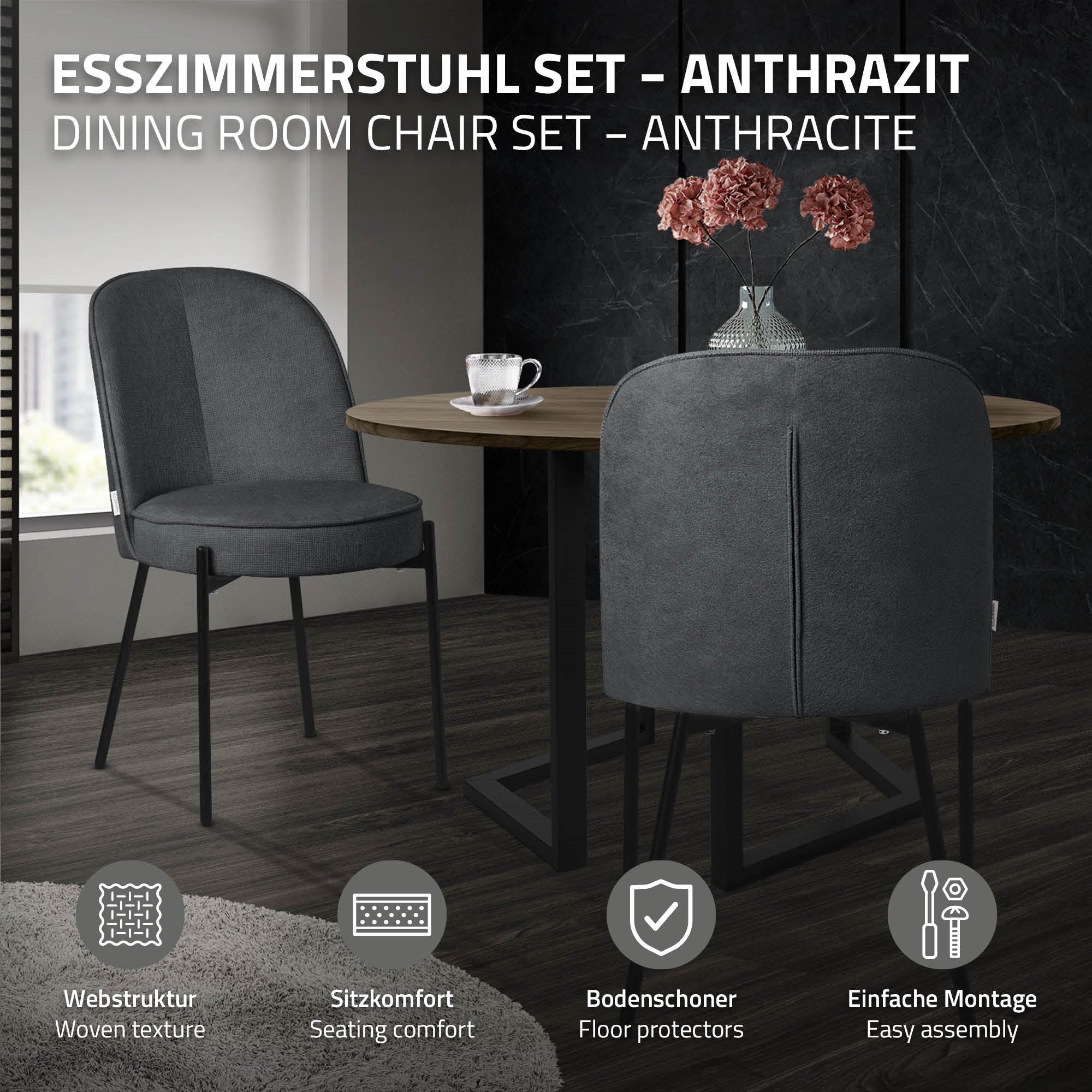 Esszimmerstuhl-Set in Anthrazit an einem runden Tisch in einem modernen Raum.