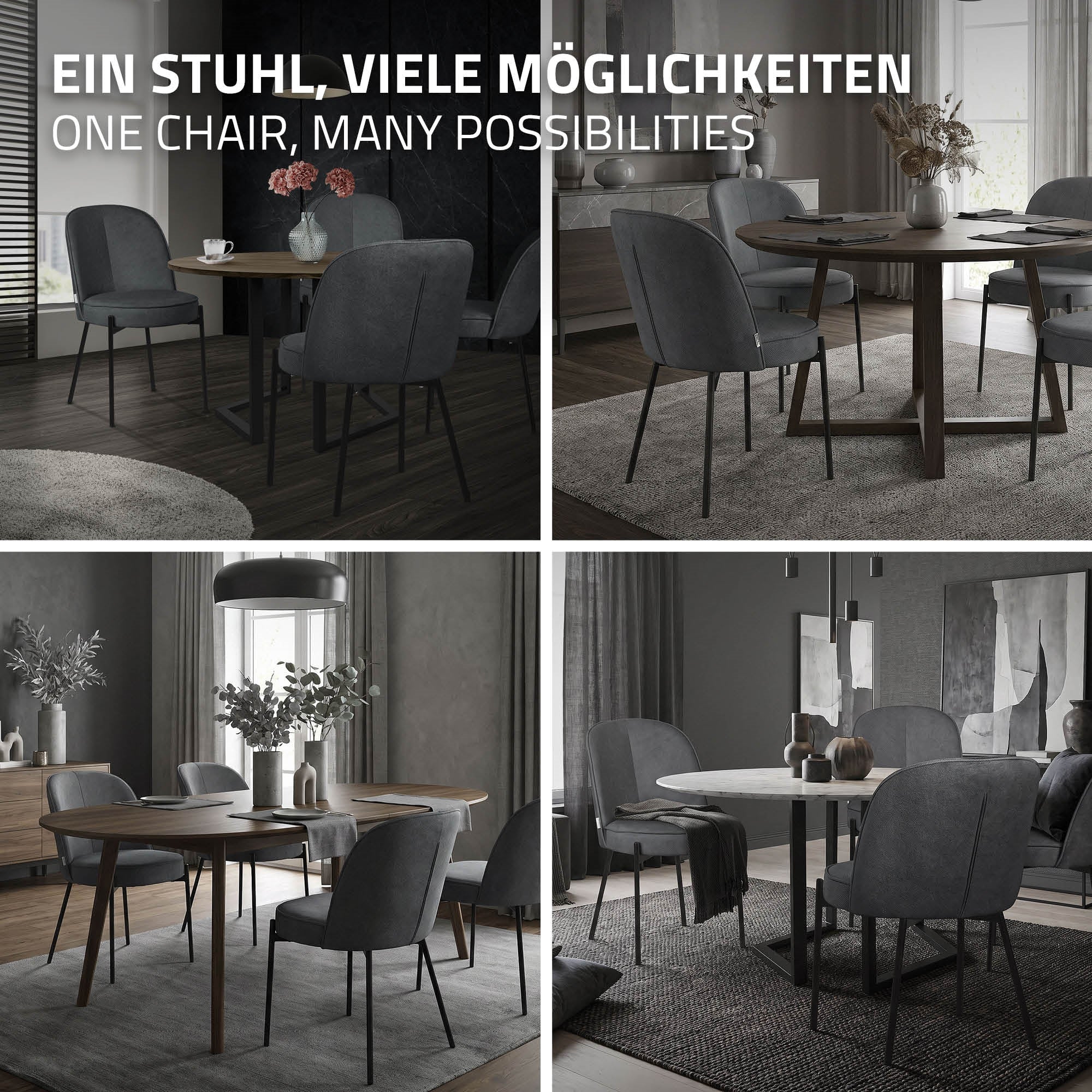 Diverse possibilità con una sedia grigia in una sala da pranzo elegante.