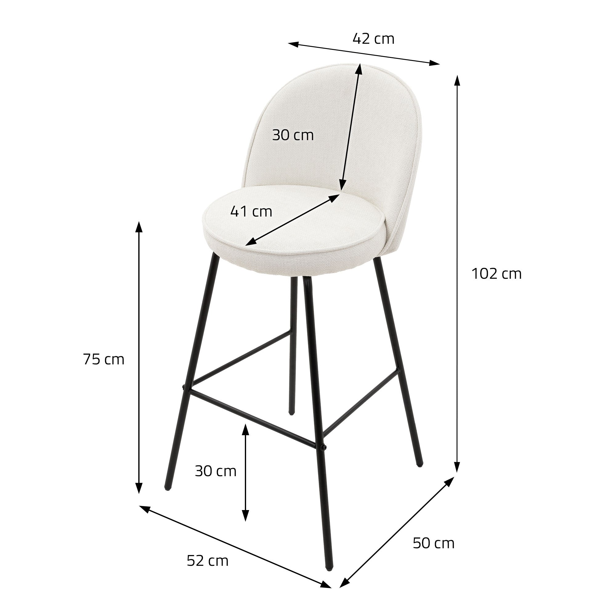 Vysoká židle s rozměry: 42 cm šířka, 30 cm hloubka, 102 cm výška.